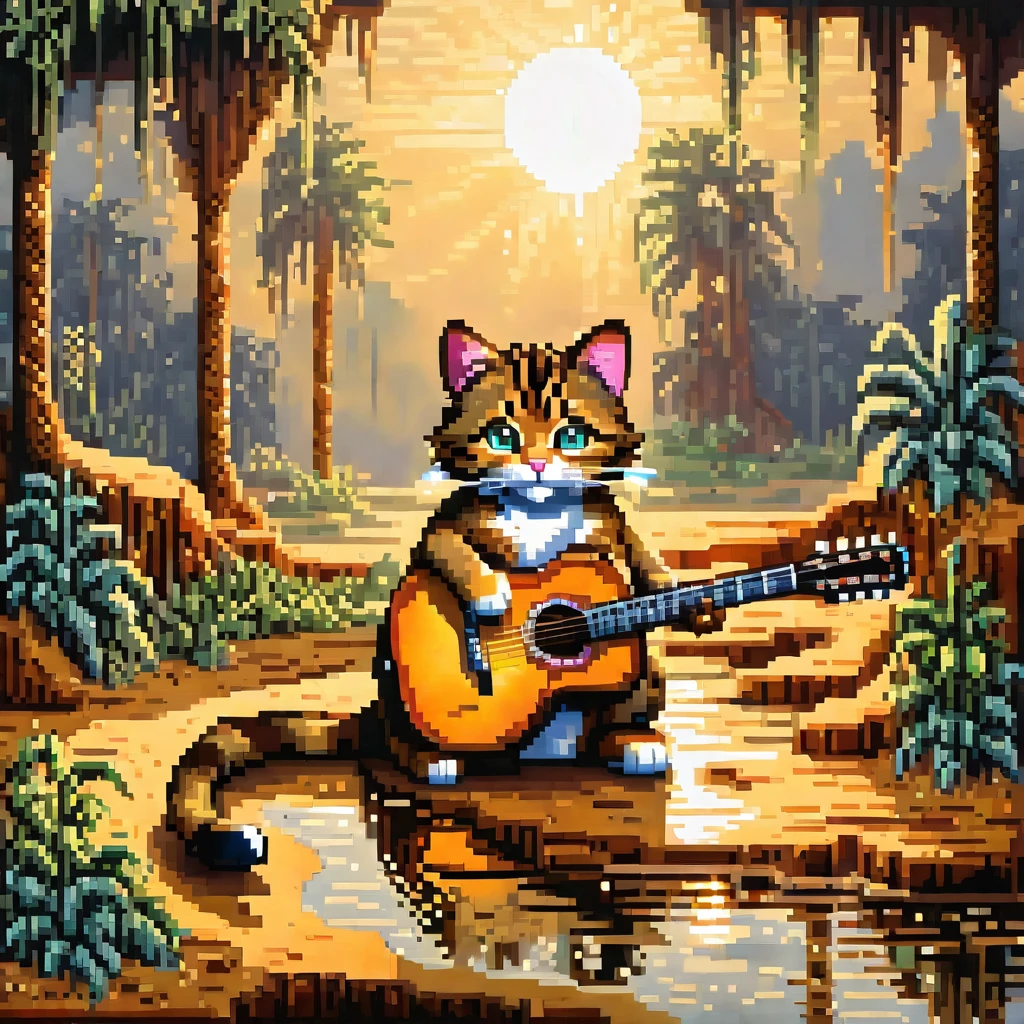 pixel art painting Acoustic guitar wild cat, best quality, masterpiece, high details, Ultra intricate detailed,evening sun wasteland,
