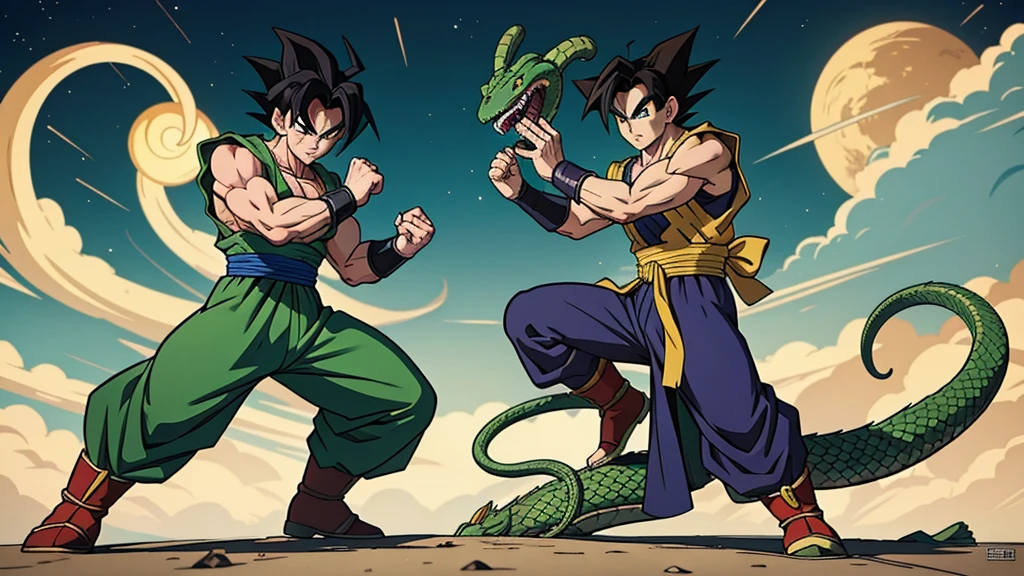 Make the adult Gohan character, fighting a snake-like alien villain, inspired by Dragon Ball, art by Akira Toryama, high quality image