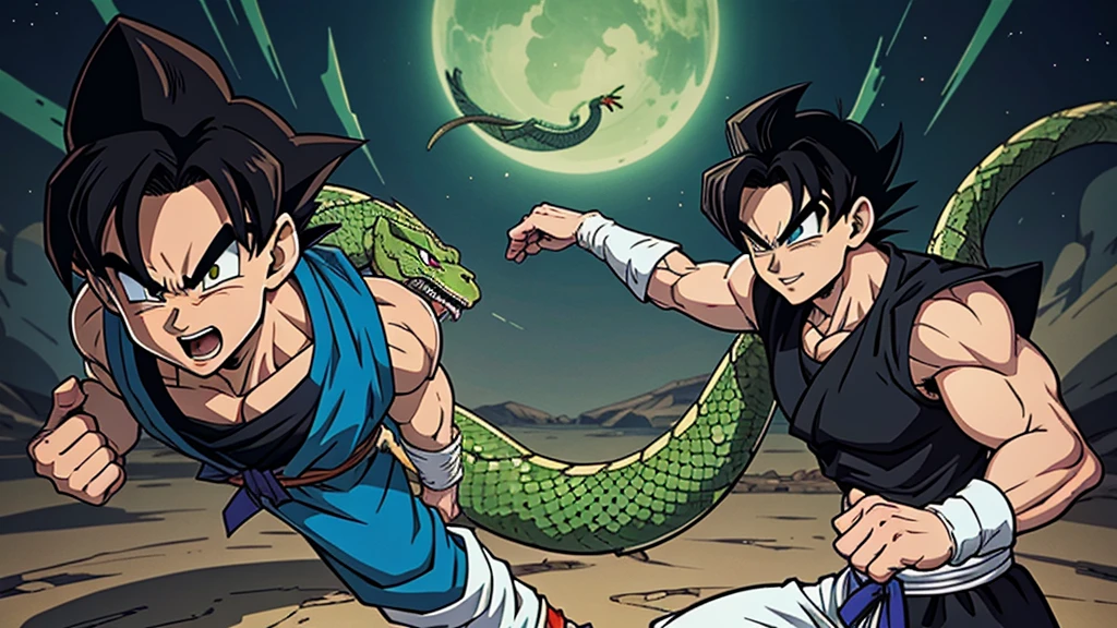 Make the adult Gohan character, fighting a snake-like alien villain, inspired by Dragon Ball, art by Akira Toryama, high quality image