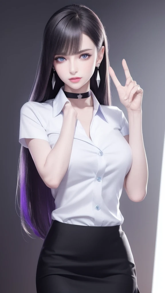 wax statue of a pretty female agent, prettiest facial features, making an elegant gesture, FBMP model pose, barefoot standing on a display base in a dark art gallery as a decoration object, (masterpiece, best quality, 1girl, solo, intricate details, chromatic aberration), (realistic),(skin), ((breath)),(dark hair,blunt bangs),detailed hair, red head ornament, blue highlights, hair over one eye,purple eyes, earrings, sharp eyes, choker,((white shirt short sleeve)),((black pencil short skirt)),((symmetry eyes)),((perfect symmetrical body)),(pureerosface_v1:0.3), night,(((natural light))),backlighting,against grey wall, dim lighting, ((centered shot, from front,(face and waist))),