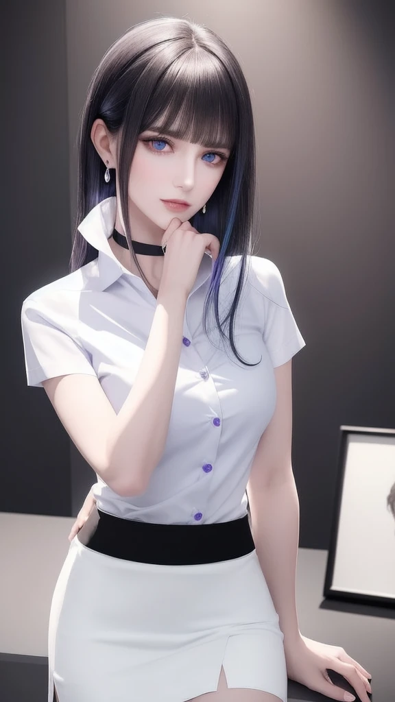 wax statue of a pretty female agent, prettiest facial features, making an elegant gesture, FBMP model pose, barefoot standing on a display base in a dark art gallery as a decoration object, (masterpiece, best quality, 1girl, solo, intricate details, chromatic aberration), (realistic),(skin), ((breath)),(dark hair,blunt bangs),detailed hair, red head ornament, blue highlights, hair over one eye,purple eyes, earrings, sharp eyes, choker,((white shirt short sleeve)),((black pencil short skirt)),((symmetry eyes)),((perfect symmetrical body)),(pureerosface_v1:0.3), night,(((natural light))),backlighting,against grey wall, dim lighting, ((centered shot, from front,(face and waist))),