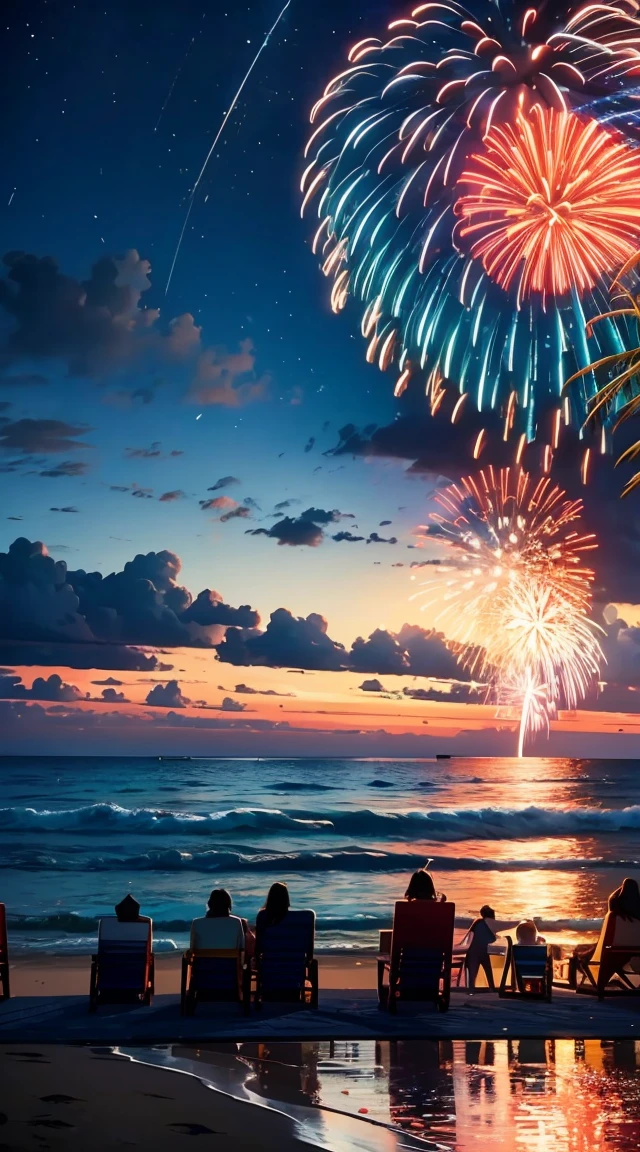 A lively seaside fireworks festival with a rally. Fireworks bloom brightly over the beach, illuminating the night sky with vibrant colors and reflections on the water. The scene is filled with festive atmosphere, with people enjoying the view, beach chairs, and picnic setups.