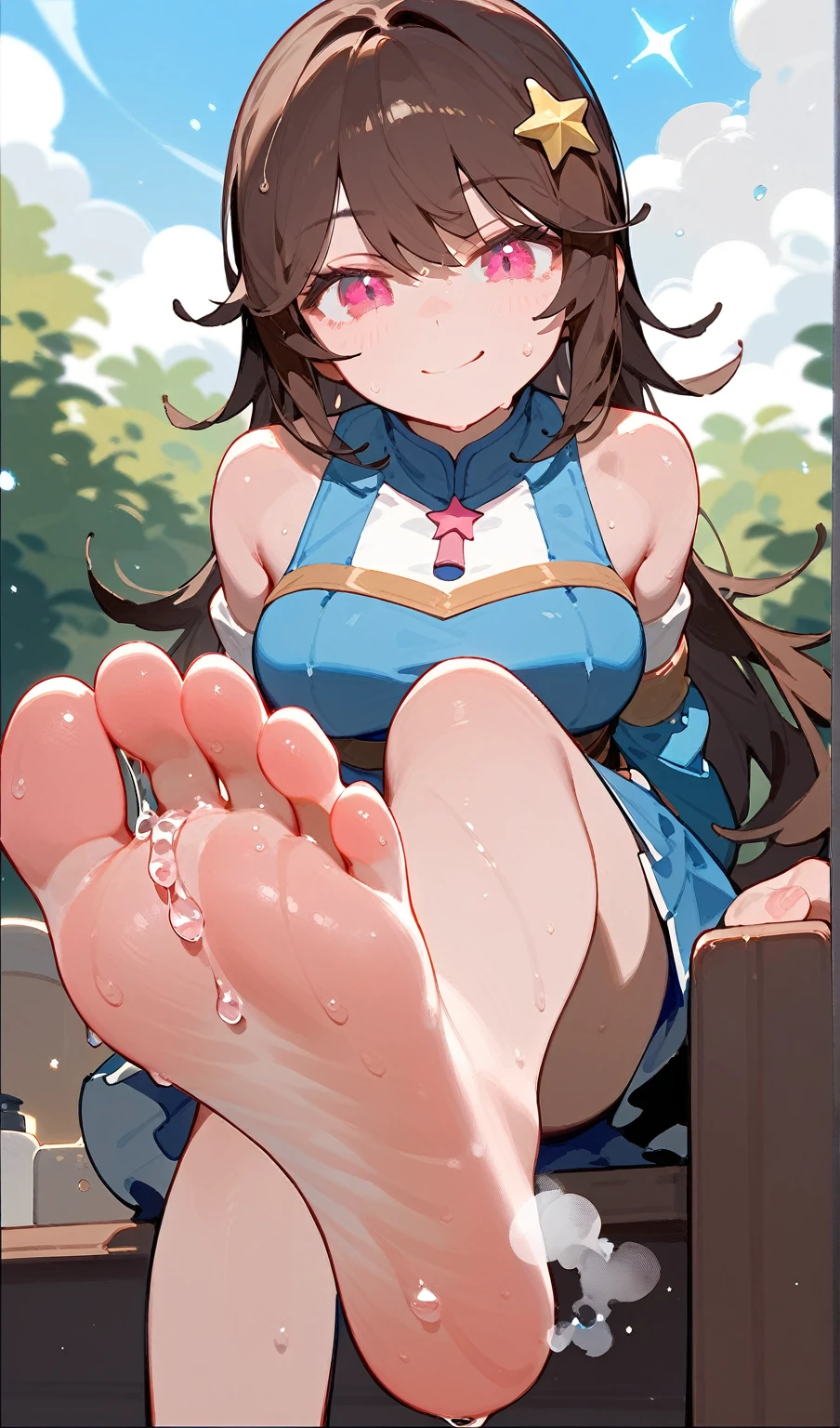 A woman showing her feet from a low angle，Blue Skirt，There are bangs between the eyes，Long hair，Brown hair，Anatomically correct, There is a separate five-pointed star hair ornament on the hair，The background is the room，Pink Eyes，Sweating on the soles of the feet，Water dripping from the soles of feet，Steam around feet，Smirk