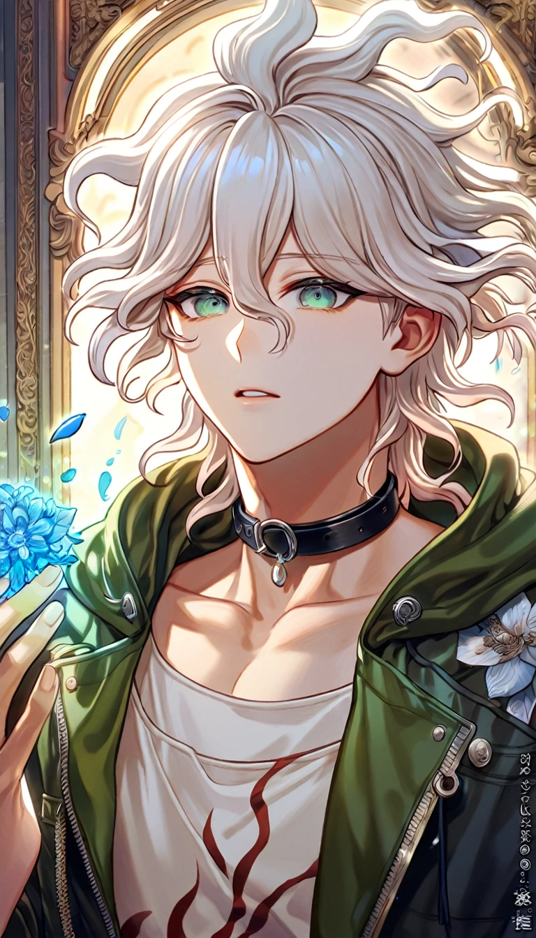absurdres, highres, ultra detailed, HDR, master piece, Komaeda Nagito, white hair, expressive gray-green eyes, cropped black jacket, dark-red and olive-green scoop-neck shirt, long beige undershirt, Danganronpa, sexy man, room, handsome, best quality, flowers, fantasy, magical, solo, blue shining fireflies, blue petals, sensual, black collar,