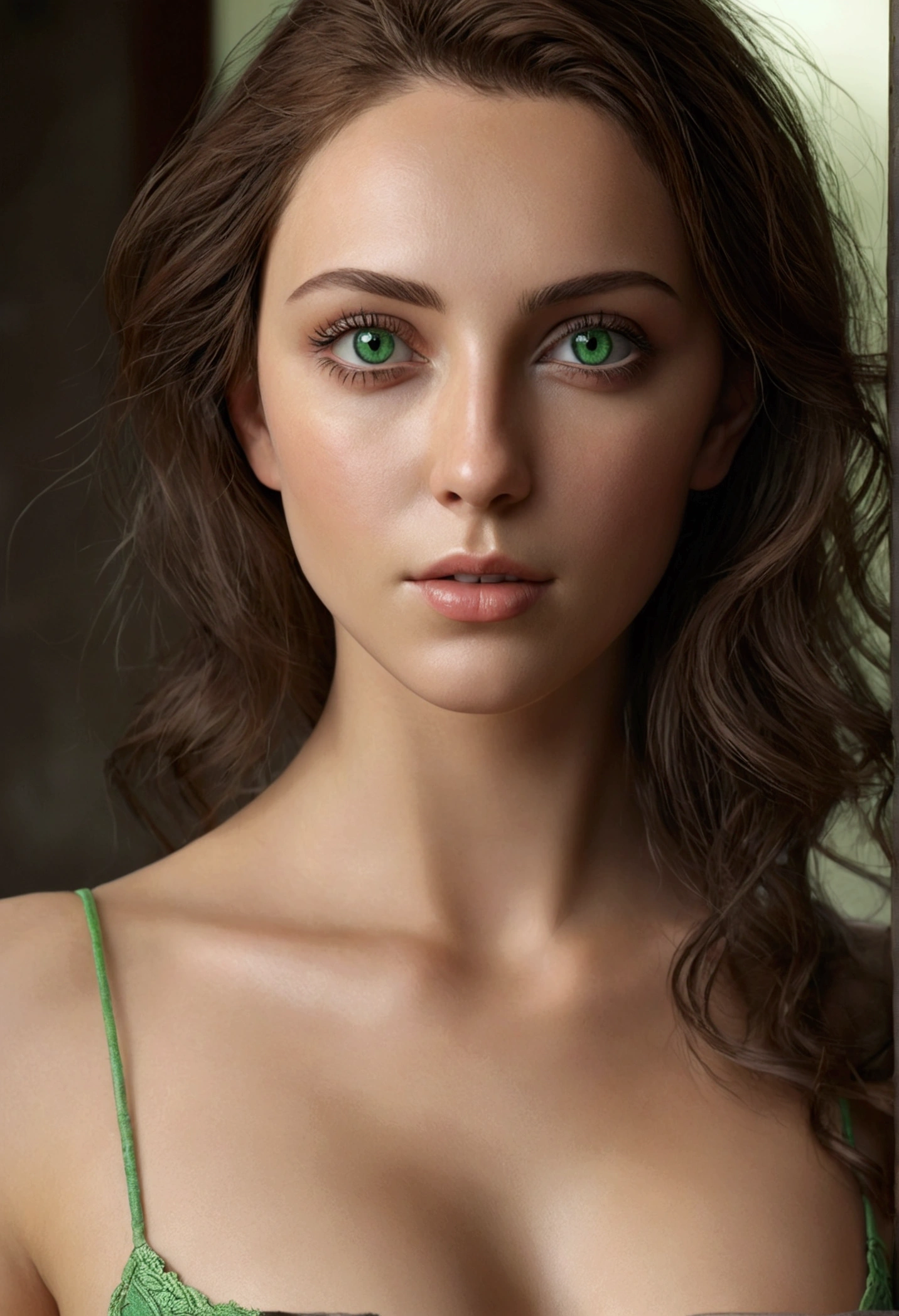 ultra realistic, green eyes, no clothing woman. ultra sexy, nice vucut.