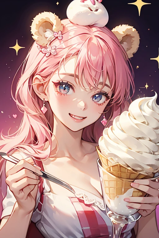 A girl bear num with a squinting wink eye and pale blushed cheeks residing on her gold diagonal striped cup body, which has a white border. Lavender frozen yogurt resides on top, along with chocolate sprinkles, raspberry sauce, and pale tan bear ears. SPARKLE; GLITTER