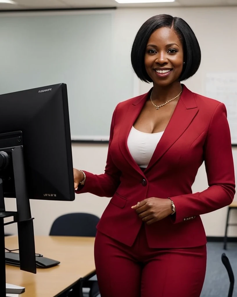 A captivating 4K cinematic portrait of a black woman (Mavis Beacon, teacher, age 31) with short hair in a tight crimson pantsuit in the computer college classroom, smile, cinematic, low key sexy thick thighs  standing pose  Photography (masterpiece, Super detail, High detail, Best Quality, 8k, film lighting  low key  dark