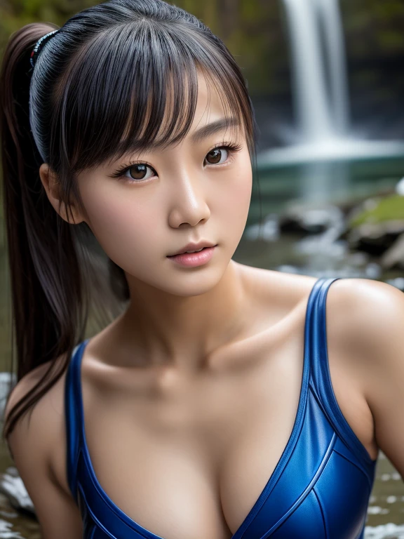 (1 Chinese girl)), (Chun Li) (Tweened model), 14 years old, Young)), EtherealBeauty, Slim,Firm chest, Soft light, ((David Hamilton style)), closeup picture, Masterpiece, Best quality, photo-realistic, Ultrarealistic, 8K, high resolution, Detailed skin, 8K UHD, Digital SLR, Soft lighting, High quality, filmgrain, Fujifilm XT3, waterfall in background