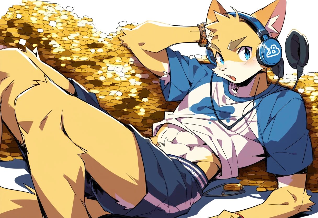 score_9, score_8_up, score_7_up, male, furry, high quality, high resolution, anthro, teenager, , domestic cat, bright yellow fur, blue eyes, wide brown eyebrows, happy expression, humanoid feet, slim body, prominent v-line, prominent abs, prominent legs, prominent forearm, prominent knees, white background, treasure trail, dark armpit hair, furry legs, headphones, in different casual clothes, t-shirt, joggers, shorts