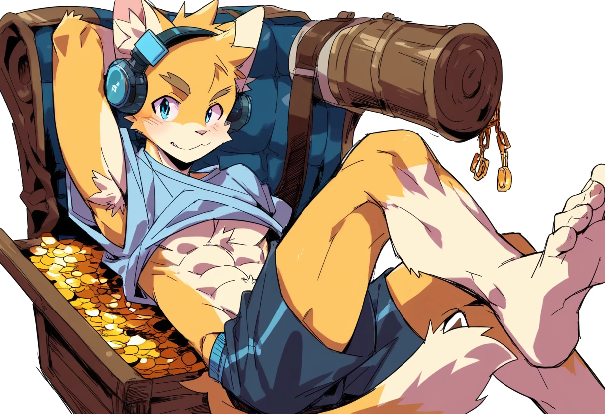 score_9, score_8_up, score_7_up, male, furry, high quality, high resolution, anthro, teenager, , domestic cat, bright yellow fur, blue eyes, wide brown eyebrows, happy expression, humanoid feet, slim body, prominent v-line, prominent abs, prominent legs, prominent forearm, prominent knees, white background, treasure trail, dark armpit hair, furry legs, headphones, in different casual clothes, t-shirt, joggers, shorts