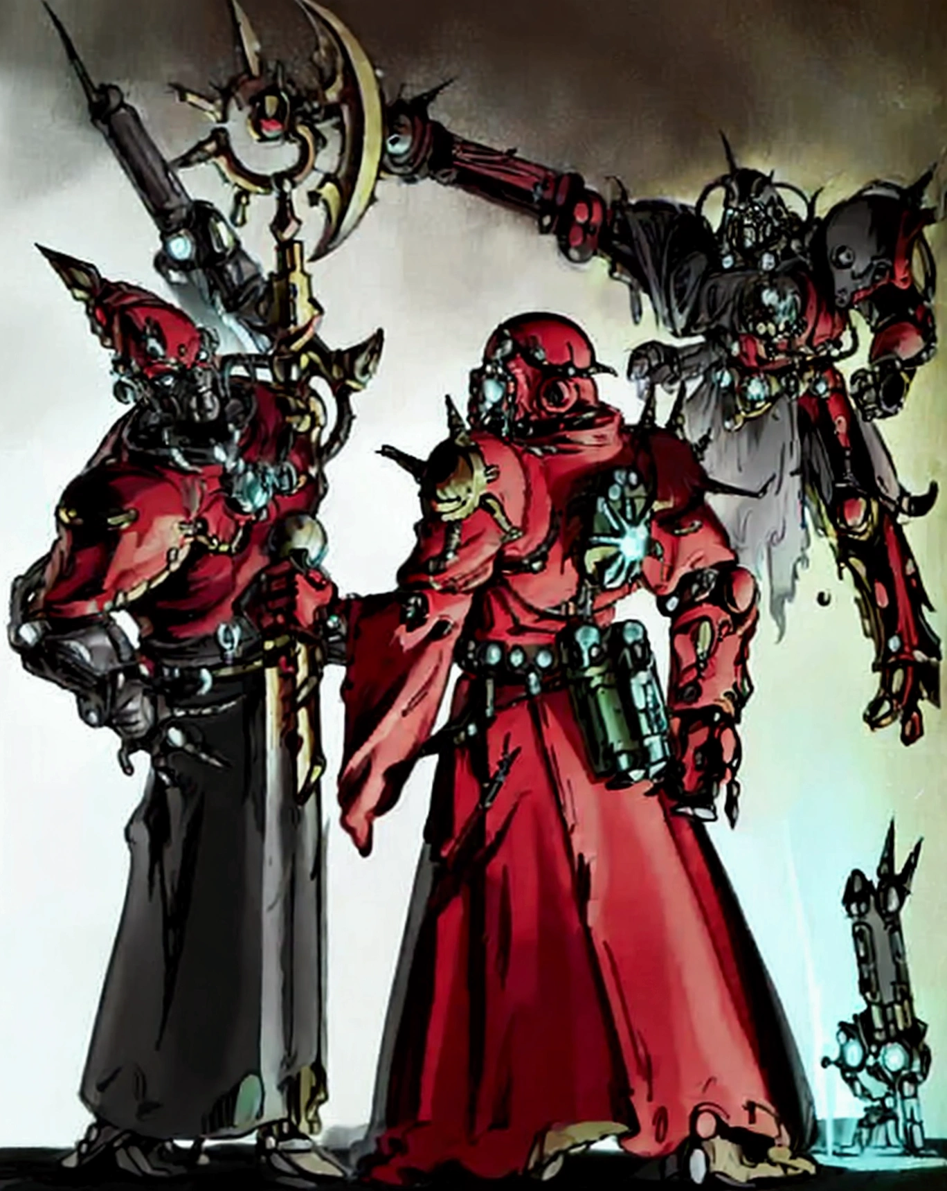 make a warhammer 40k rpg character, naughty man, adeptus mechanicus warhammer 40k, warrior monk, imponent pose, priestly vestment ( detailed outfit), holding a war staff, filled with implant, dark cathedral background (detailed back ground), robotic priest with armor.  