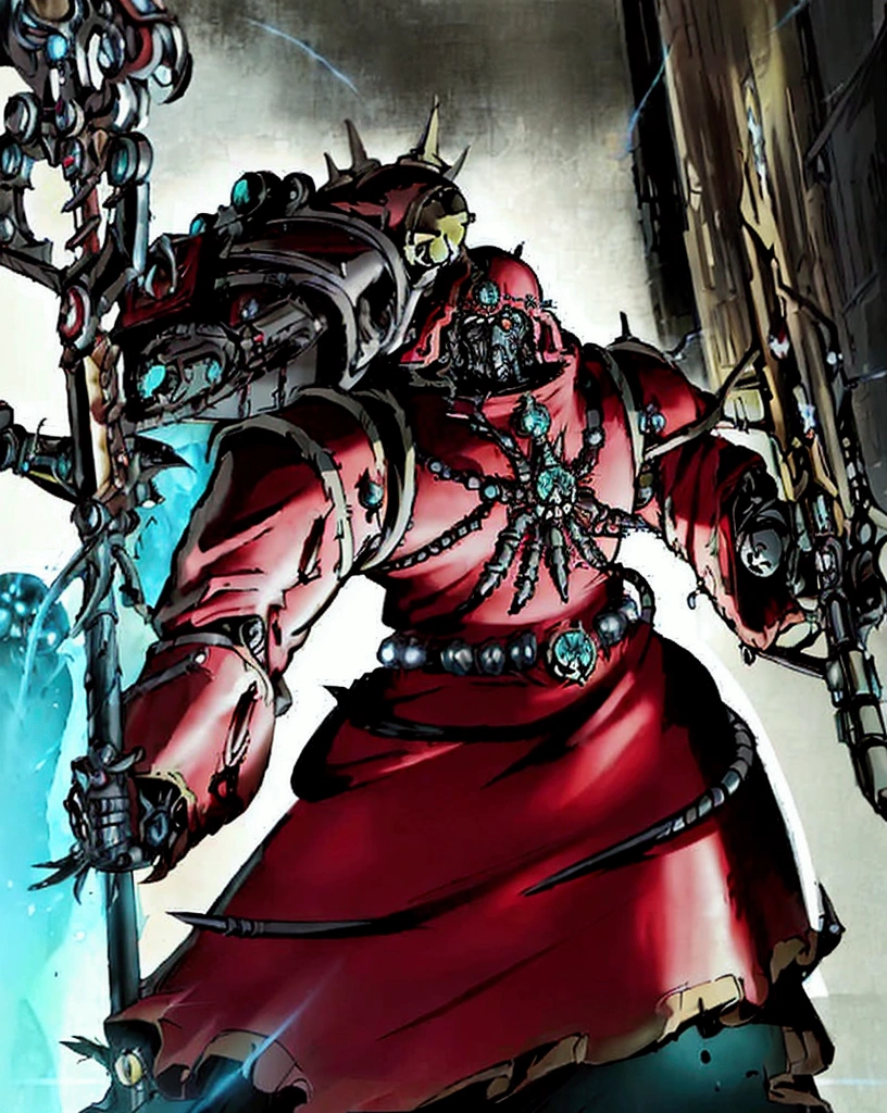 make a warhammer 40k rpg character, naughty man, adeptus mechanicus warhammer 40k, warrior monk, imponent pose, priestly vestment ( detailed outfit), holding a war staff, filled with implant, dark cathedral background (detailed back ground), robotic priest with armor.  