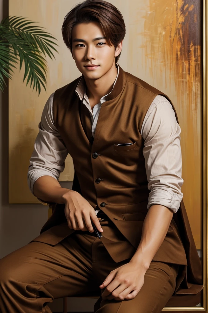 Handsome young man of Asian nationality with brown hair and beautiful eyes sitting painting a canvas