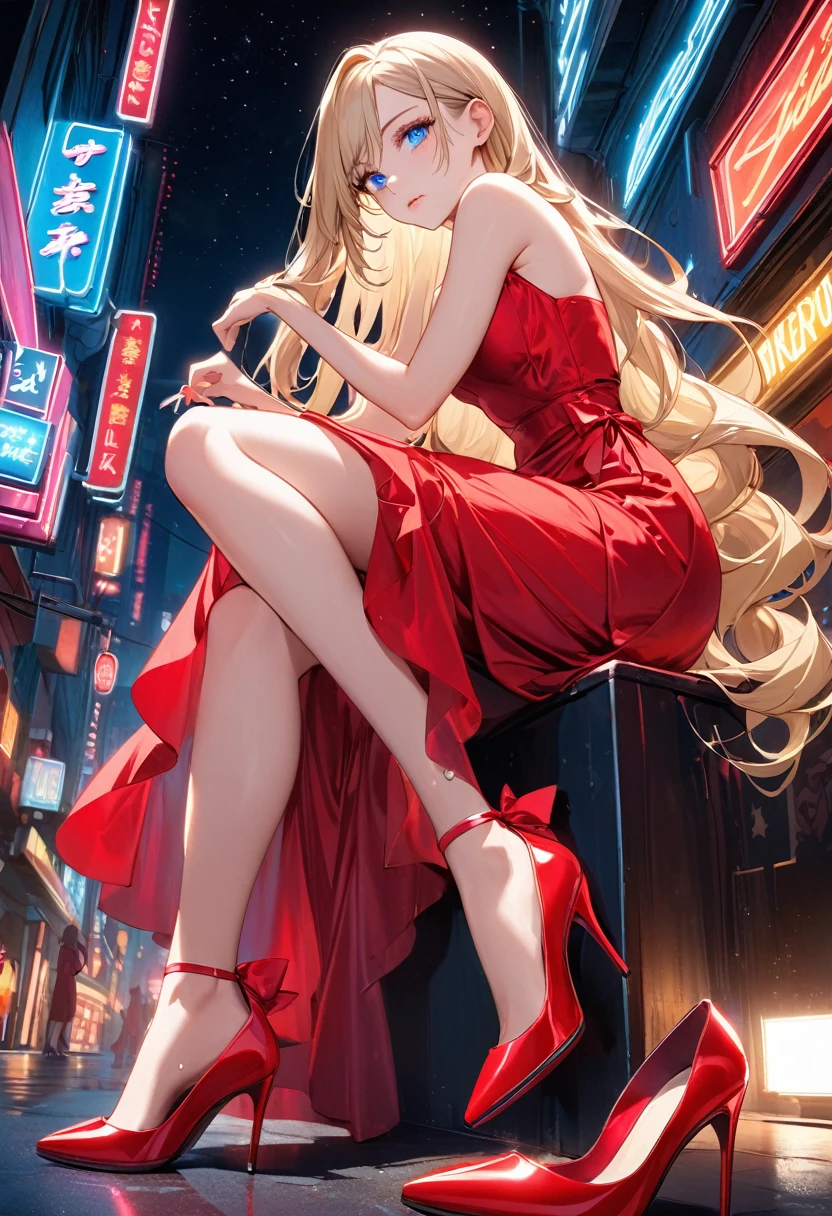 A beautiful girl with long, silky blonde hair, wearing a red dress, fixing her blisters on her high heels, sparkling long hair, blue eyes, neon lights at night, red high heels in the night sky, delicate and perfect facial structure, perfect eye makeup