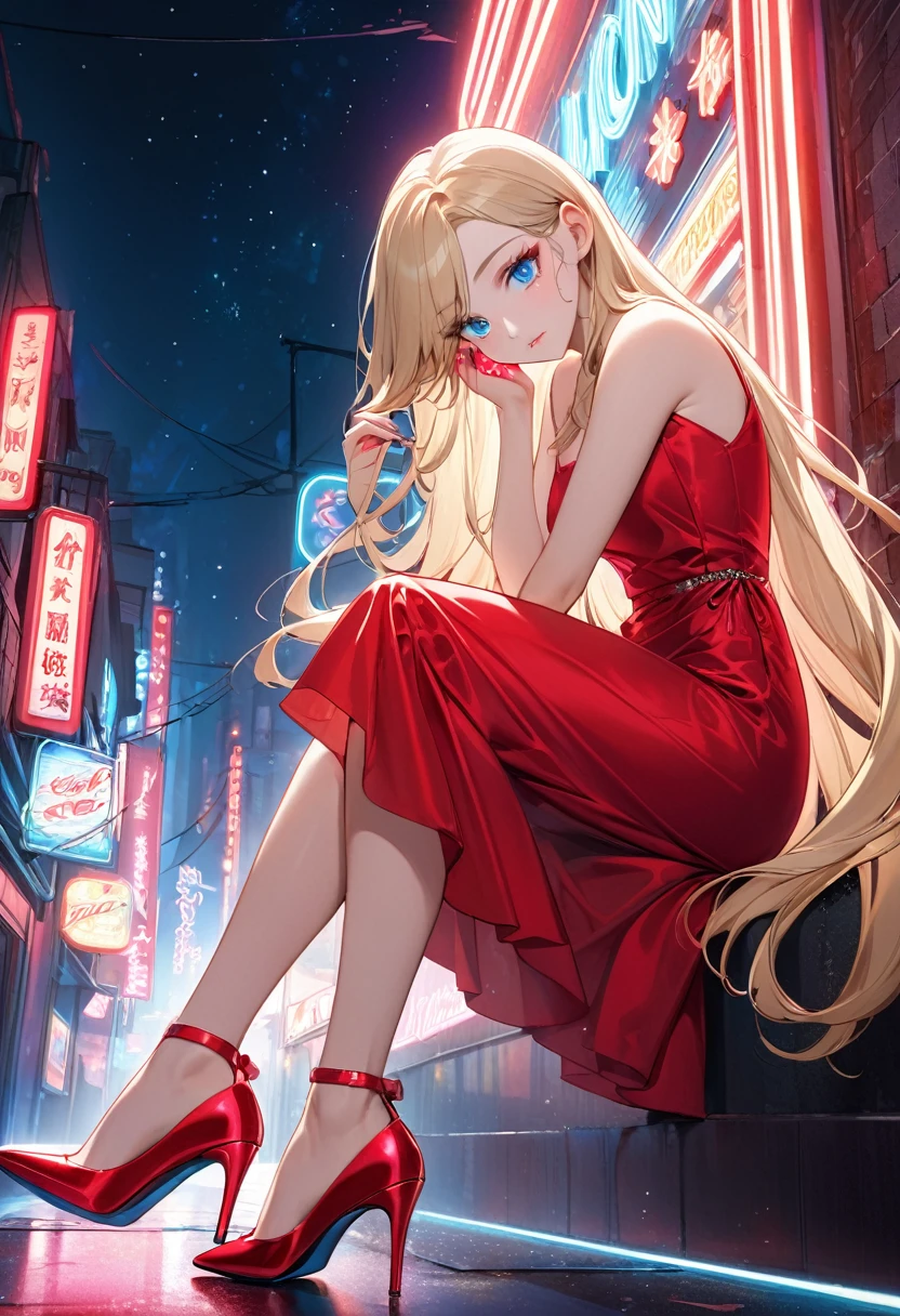 A beautiful girl with long, silky blonde hair, wearing a red dress, fixing her blisters on her high heels, sparkling long hair, blue eyes, neon lights at night, red high heels in the night sky, delicate and perfect facial structure, perfect eye makeup 