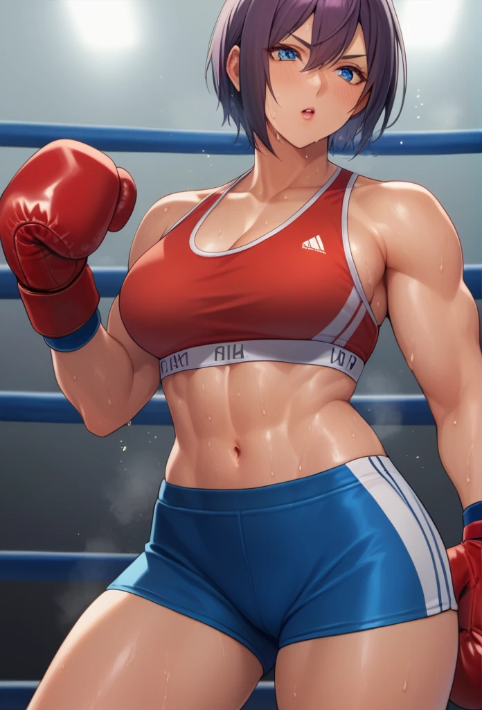 1girl, sports bra, boxing gloves, sweating