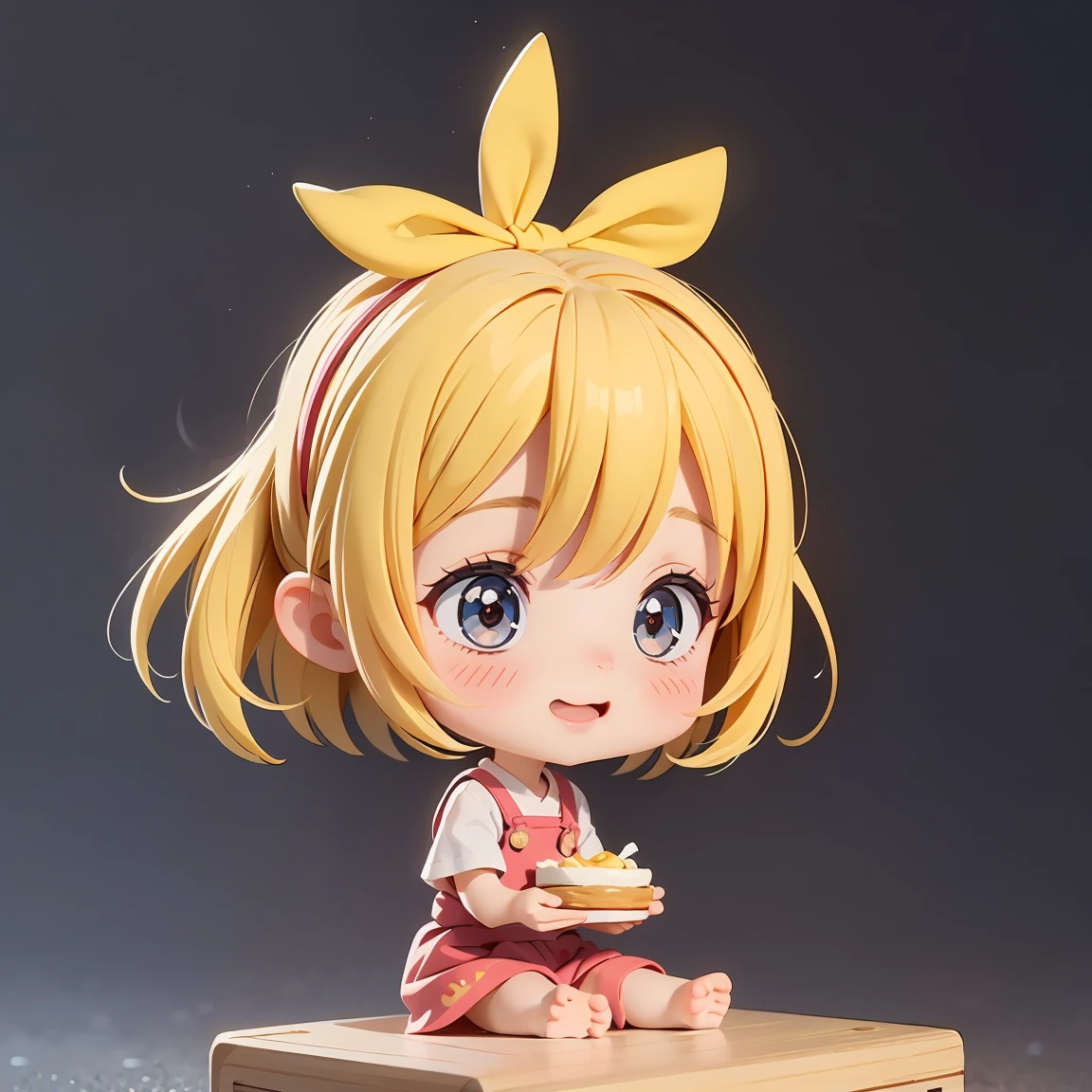 Super Chibi Character:1.8、wearing cute sandals、background:Simple all over、Blonde Hair、Cute 7 year old girl、Random cute outfits、Short legs、Sandals with ribbon、He is laughing and eating with gusto