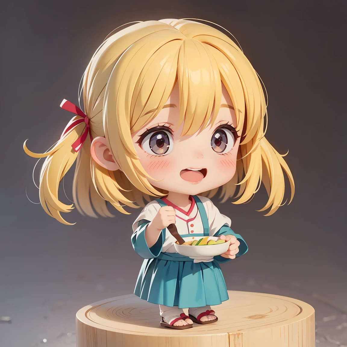 Super Chibi Character:1.8、wearing cute sandals、background:Simple all over、Blonde Hair、Cute 7 girl、Random cute outfits、Short legs、Sandals with ribbon、He is laughing and eating with gusto