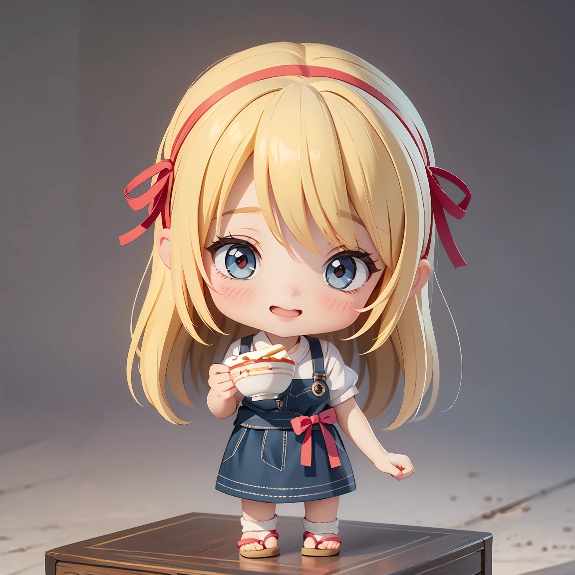  Super Chibi Character：1.8、wearing cute sandals、background：Simple all over、Blonde Hair、Cute 7 year old girl、Random cute outfits、Short legs、Sandals with ribbon、He is laughing and eating with gusto