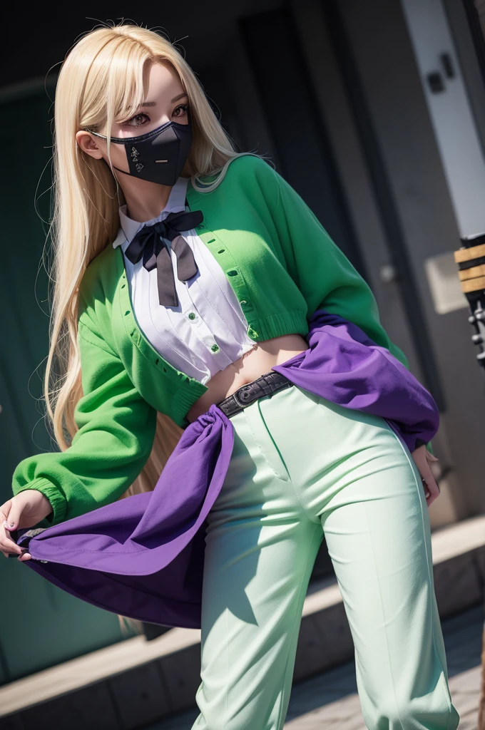 Female character with blonde hair long hair bright purple eyes green blouse white and green pants with purple bear slippers with gun in hand with black mask free fire character