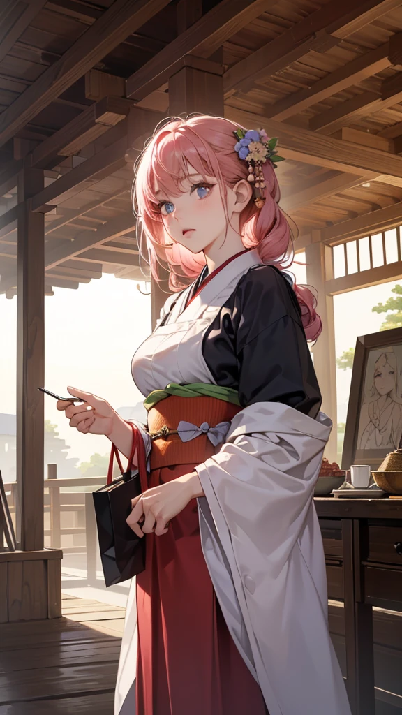 (peRfect anatomy:1.2)(absuRdRes, highRes, ultRa detailed),masteRpiece,best quality,high Resolution,8k,Realistic face,Realistic skin textuRe,magnified textuRes, stunning claRity,detailed anime giRl,(ultRa detailed eyes and face),18 yeaRs old,bang pink haiR,faiR skin,kimono, sleepy eyes,Japanese Edo-eRa tea shopkeepeR,japanese apRon,fit body type,big bReasts,(confusion:1.2),(panic:1.5)Steampunk in the Edo PeRiod、(vivid hieRoglyphの看板と街頭広告:1.2)、silence、autumn、hieRoglyph,souk、Ancient Egyptian statues、Shopping StReet,,look at vieweR,(fRom fRont:1.3),Delicate atmospheRe、,cowboy shot,R
