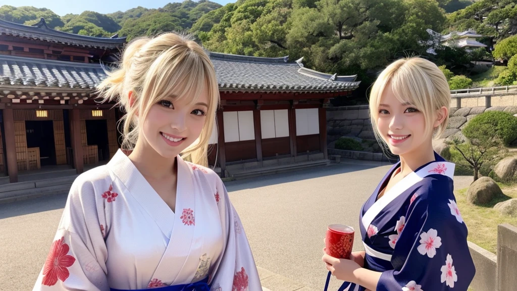 A lone courtesan broadcasts live from Himeji Castle.。Blonde ponytail。Sexy smile、looking at the camera、yukata、Light clothing、Single