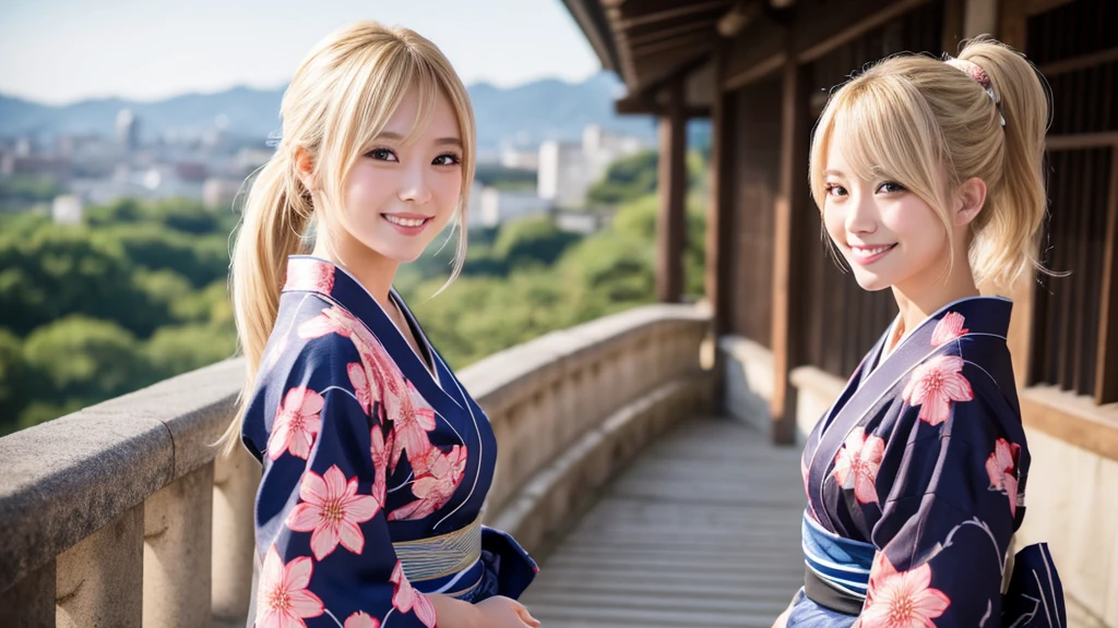 A lone courtesan broadcasts live from Himeji Castle.。Blonde ponytail。Sexy smile、looking at the camera、yukata、Light clothing、Single