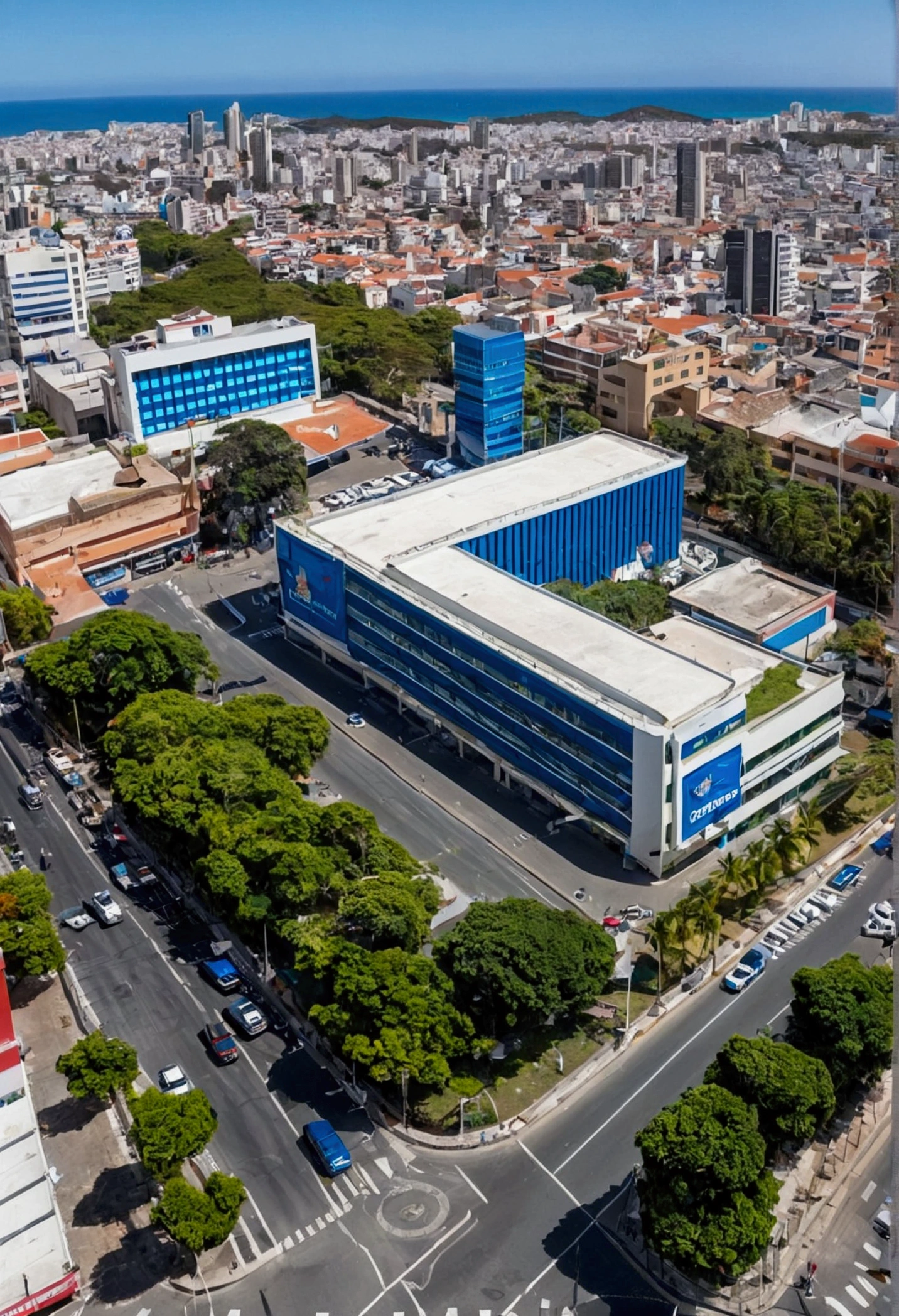 Create a city in which there is a hospital on one block and on the left side there is a hardware store and on the right side of the hospital there is a bookstore,on Cristóbal Colón Avenue,In front of the hospital there is a cafeteria that next to it has a car parking lot and this is between a police station and a pharmacy on Los Ríos Avenue diagonal to the cafeteria we find Walter Andrade Avenue where we have a restaurant and next to it we find a brewery Crossing the street from the brewery we find a bus stop on José Delgado Avenue, near this stop there is a large office building that is located on the same avenue 