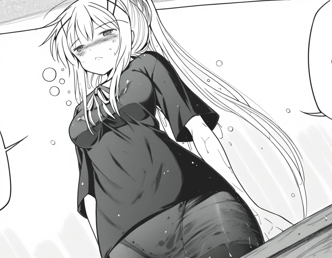 score_9, score_8_up, score_7_up, source_anime,
kawaii girl, long hair, hair ornament, ponytail, braid, x hair ornament, greyscale, monochrome,
skirt, pantyhose, shirt, standing up, low perspective, bikini, wet t-shirt, blush, drunk,
looking at viewer, sexy, dutch angle, solo,