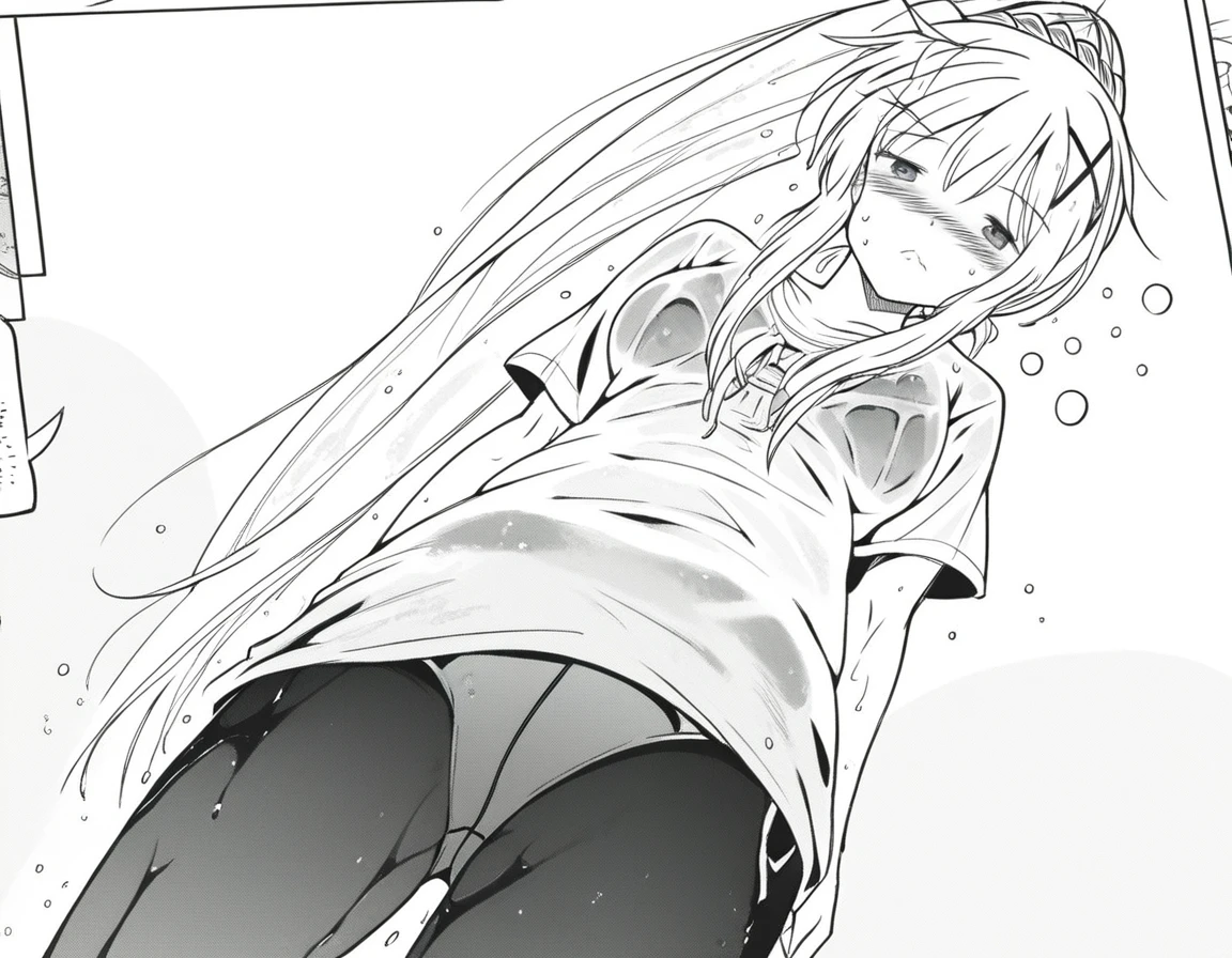 score_9, score_8_up, score_7_up, source_anime,
kawaii girl, long hair, hair ornament, ponytail, braid, x hair ornament, greyscale, monochrome,
skirt, hose, shirt, standing up, low perspective, bikini, wet t-shirt, blush, drunk,
looking at viewer, sexy,tch angle, solo,