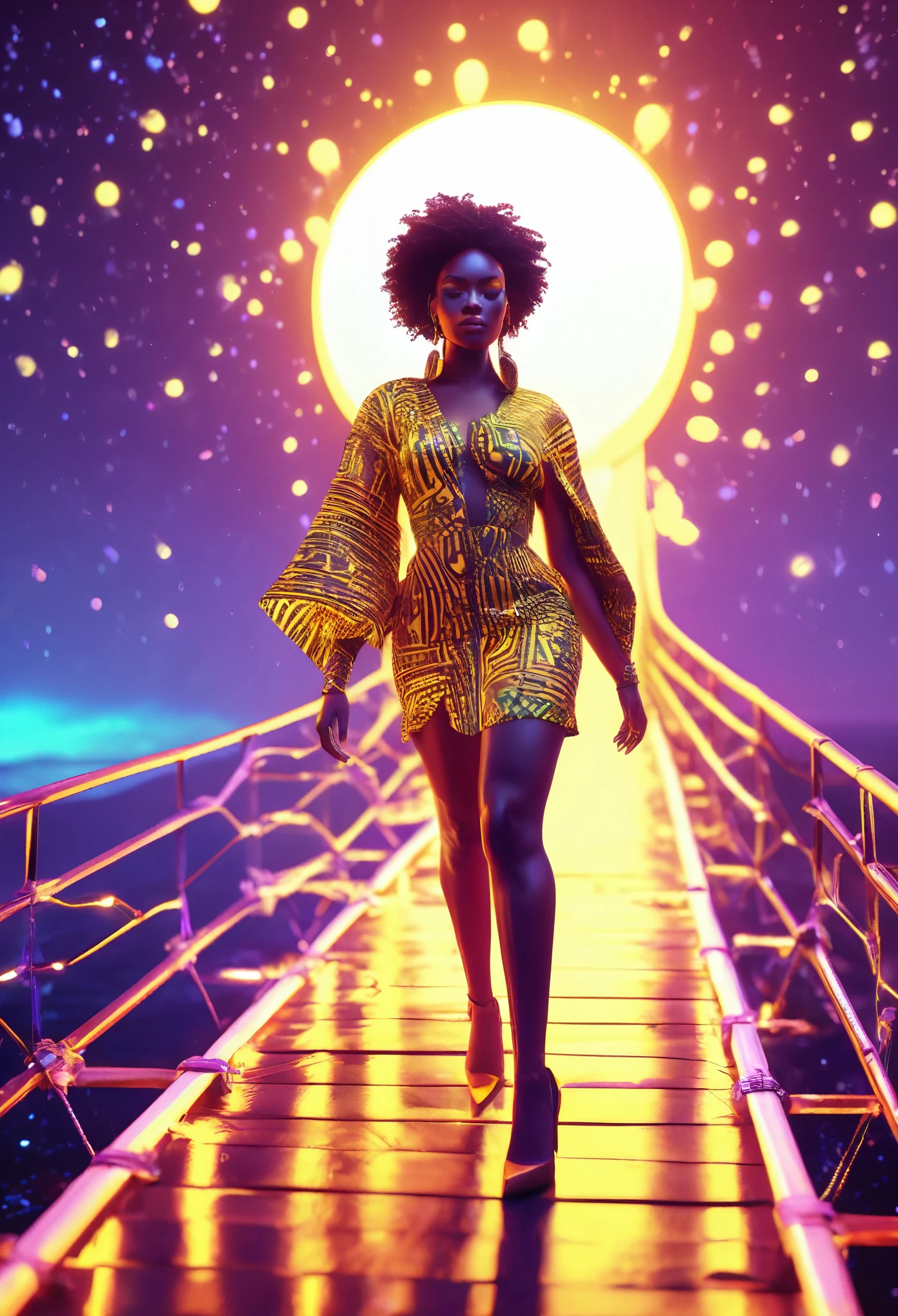 A black woman dressed in african designed cotton clothes and high heels, walking on a floating wooden bridge in outer space, bridge lit by yellow neon lights, the bridge connecting to a white planet portal, beautiful neon lit stars shining iridescent light particles in the scene, 32k, ultra HD,  unreal engine rendered, beautiful and vibrant scene. Cinematic film still, shot on v-raptor XL, film grain, vignette, color graded, post-processed, cinematic lighting, 35mm film, live-action, best quality, atmospheric, a masterpiece, epic, stunning, dramatic