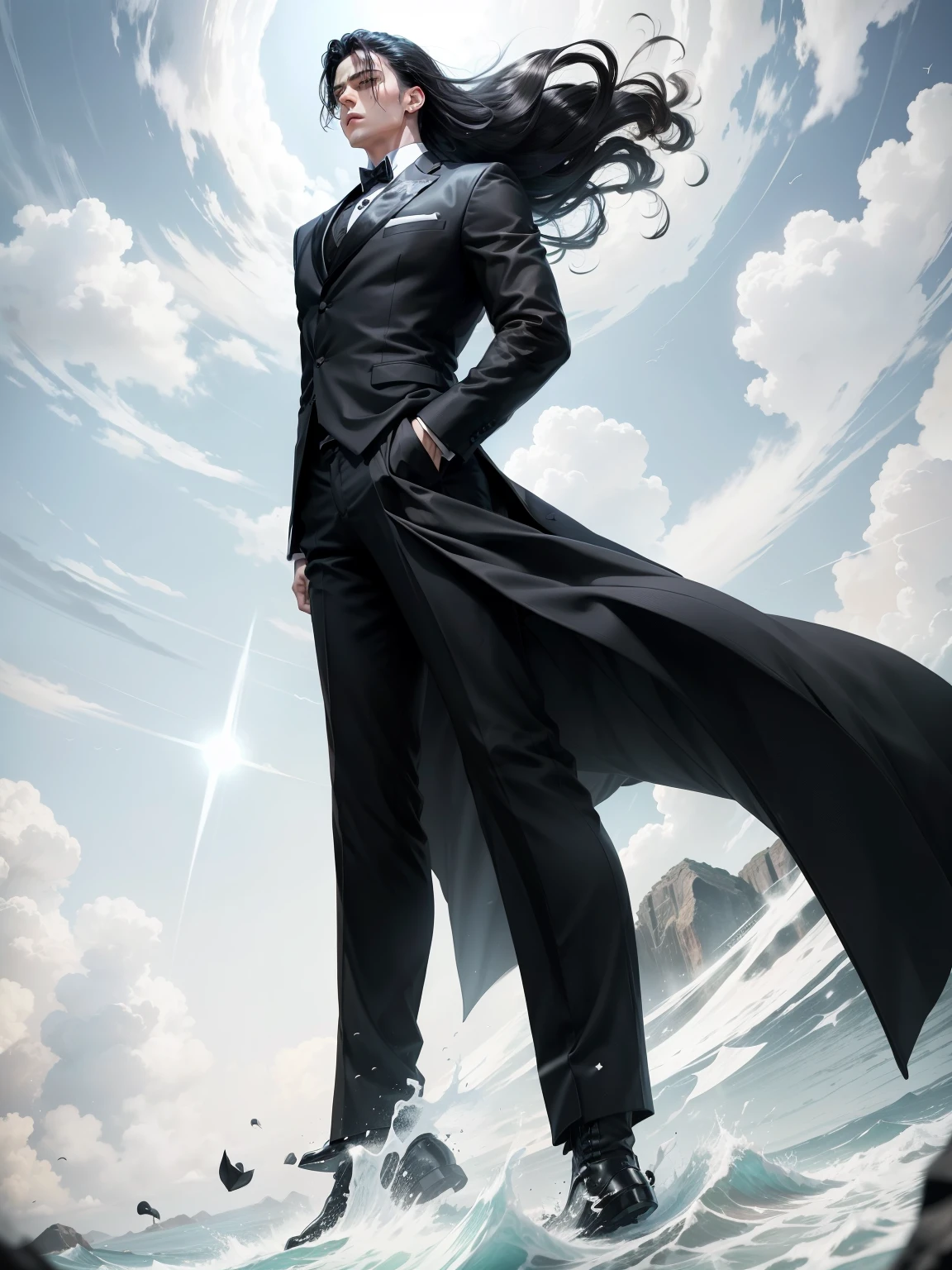 boys 26 Years old, Serious face, wearing llong black suits, white shirts in side, ((black tie)), black pants, black hair,hands behind his back, levitate on sky, blue sky, cloud