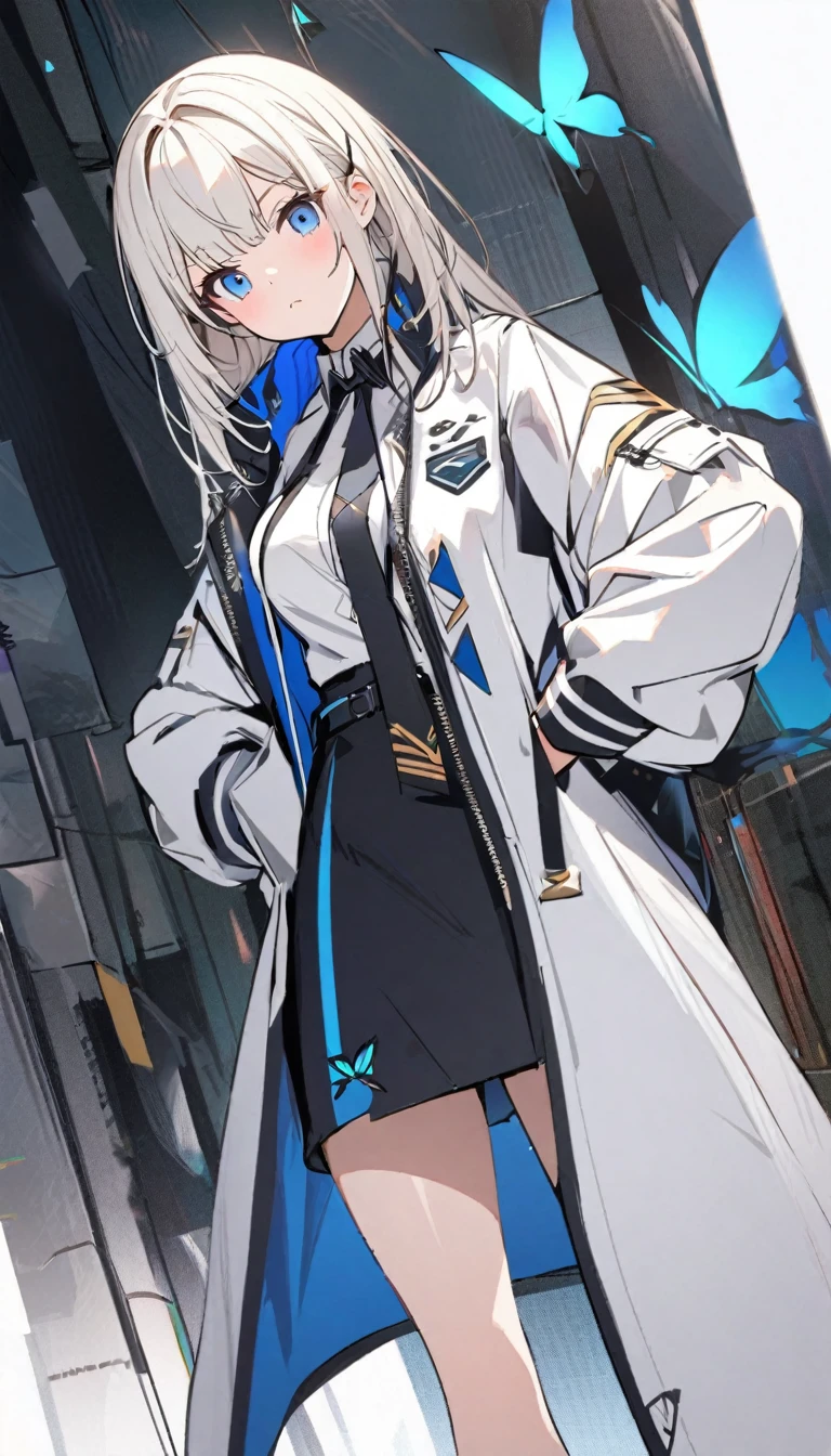 Butterflies are flying、Facing at an angle、concept、1girl, stylish, stylish code, large jacket
