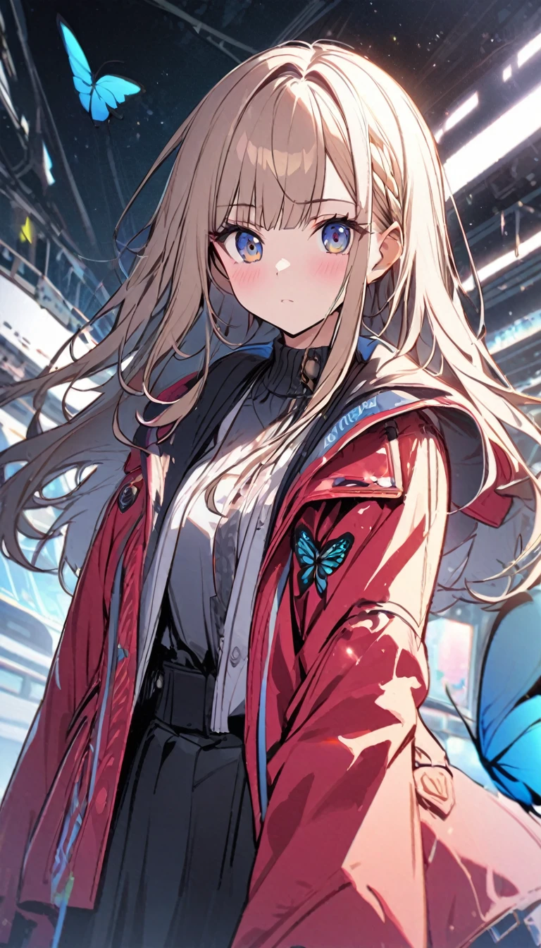 Butterflies are flying、Facing at an angle、concept、1girl, stylish, stylish code, large jacket