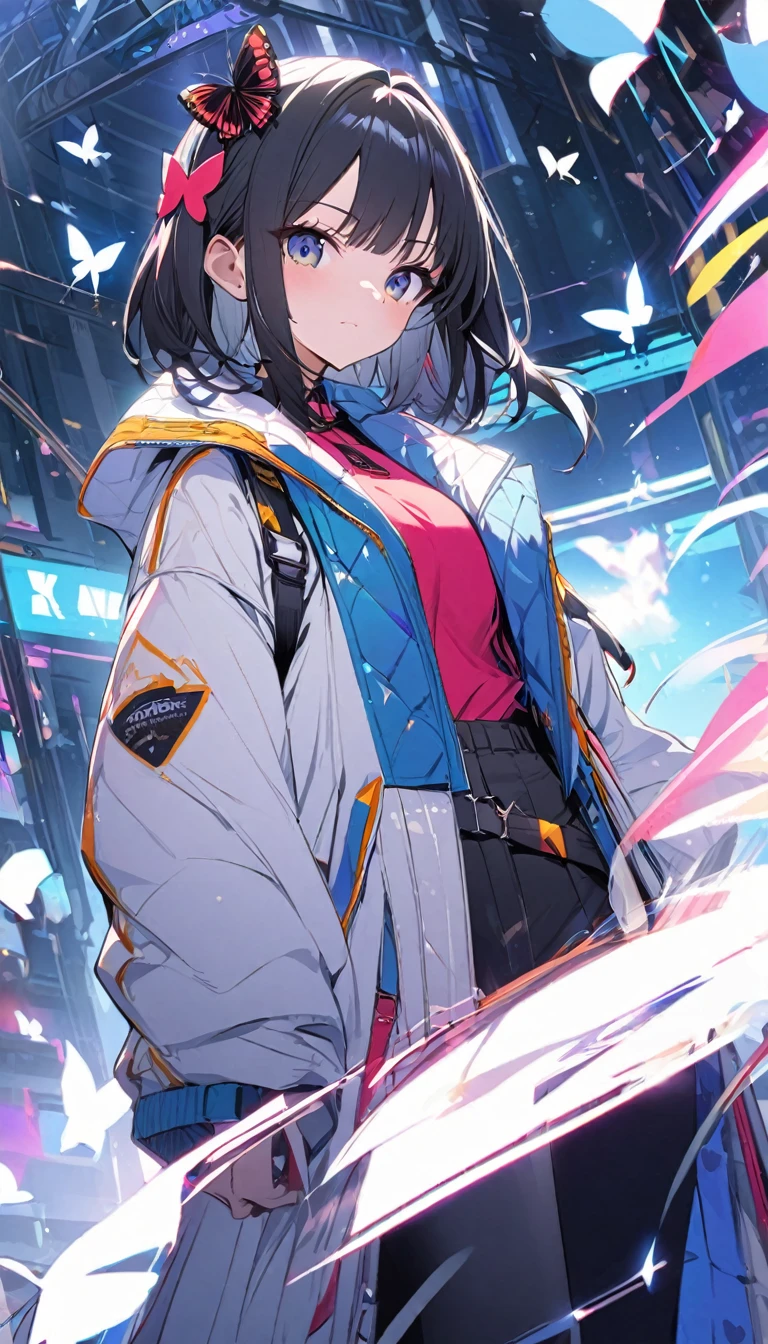 Butterflies are flying、Facing at an angle、concept、1girl, stylish, stylish code, large jacket