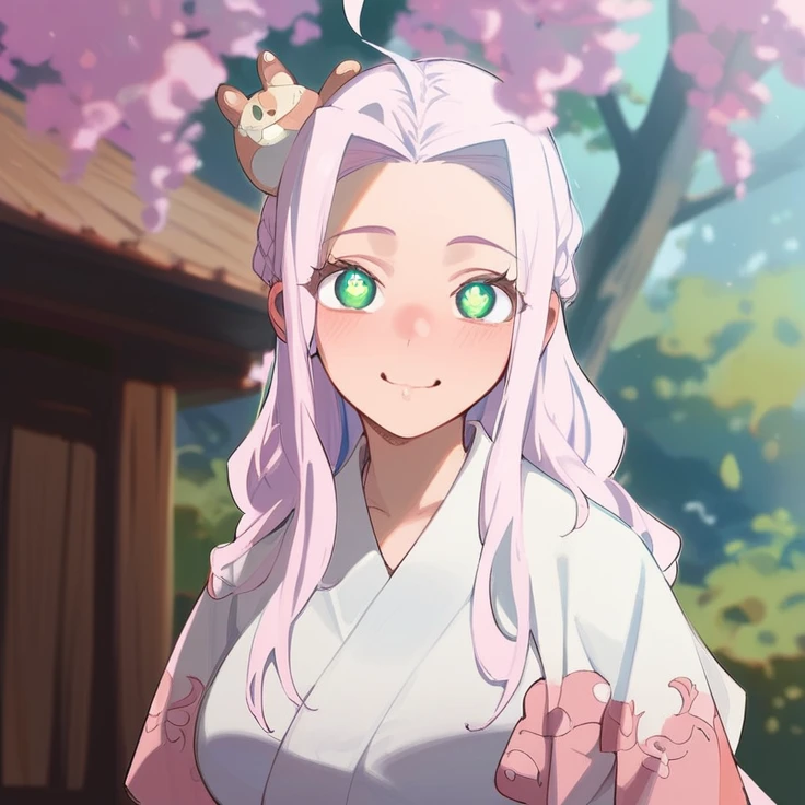 One 、Big Breasts、Pink Hair、Long Hair、Straight Hair、Ahoge、kind、Green heart eyes、Droopy eyes、短い???????????をフェラ、Looking up、Smile、One Shota、First Person View、????????