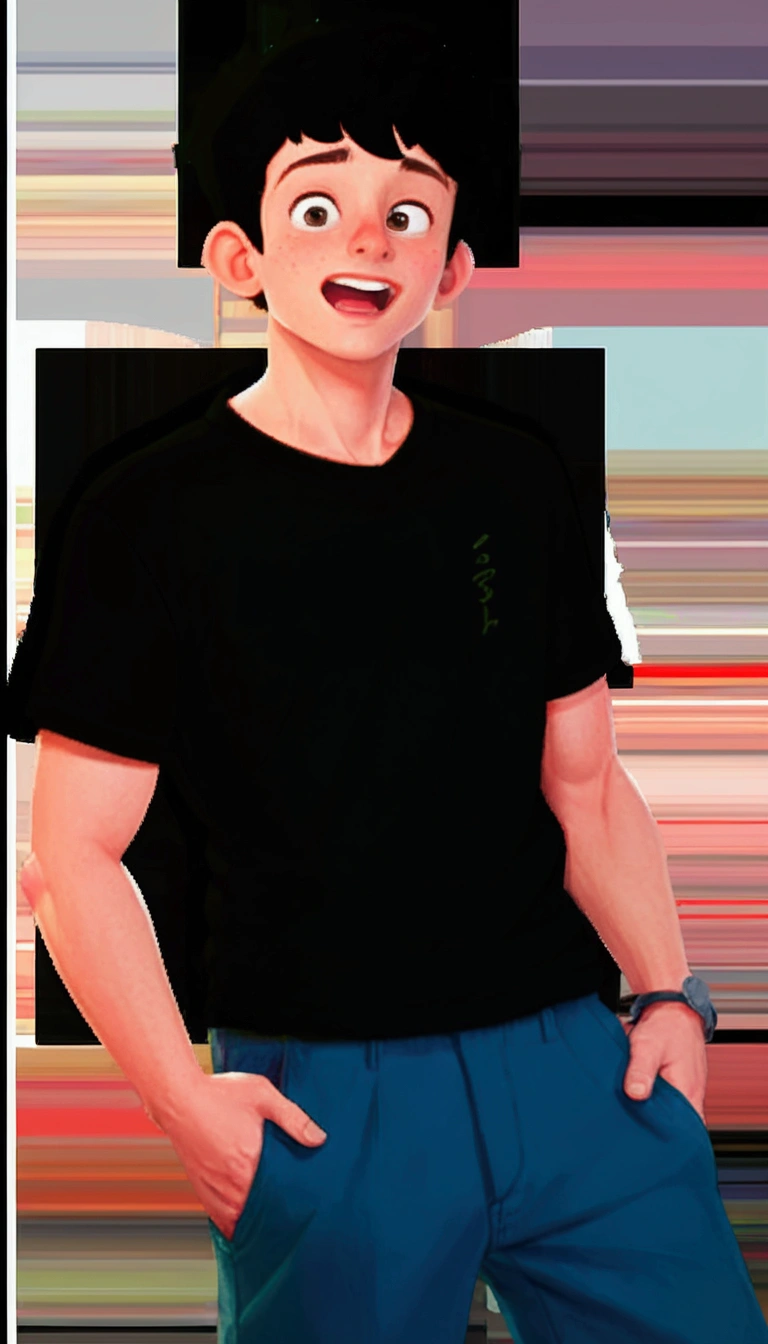 Cartoon man character in disney pixar style, black short hair, Scrawny, offwhite, with factory background , in BLACK polo t-shirt with RED and WHITE details, with a satirical tone