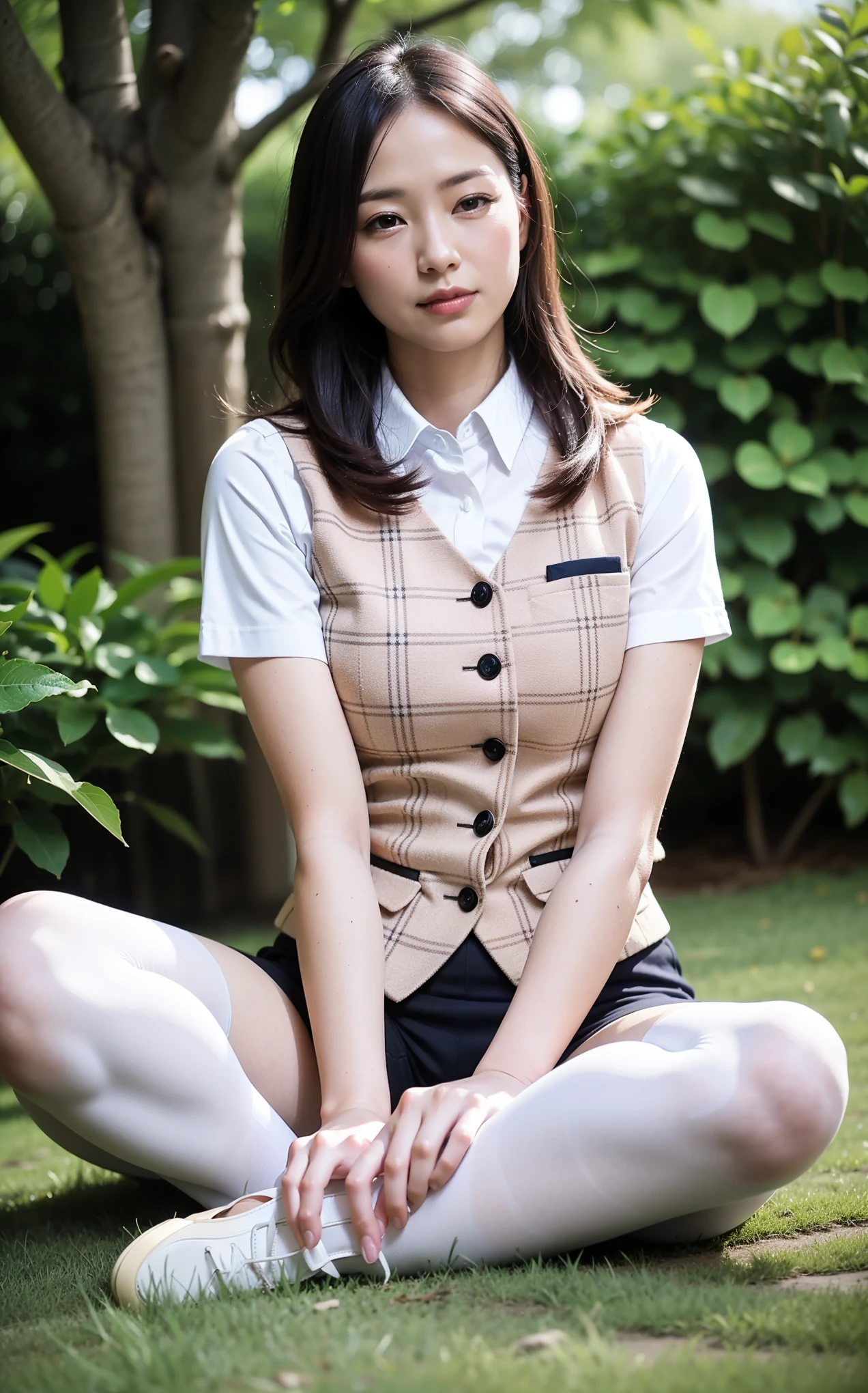Ulchan-6500-v1.1, (RAW photo:1.2), (Photoreal), (genuine:1.4), 1milf, perfect anatomy, 48 years old, plump body:0.5, look at the viewer, medium long hair, Plaid vest, ((sit on the grass and open legs:1.0))、(super realistic pantyhose:1.2), (high heels), (business services)、under shade of tree