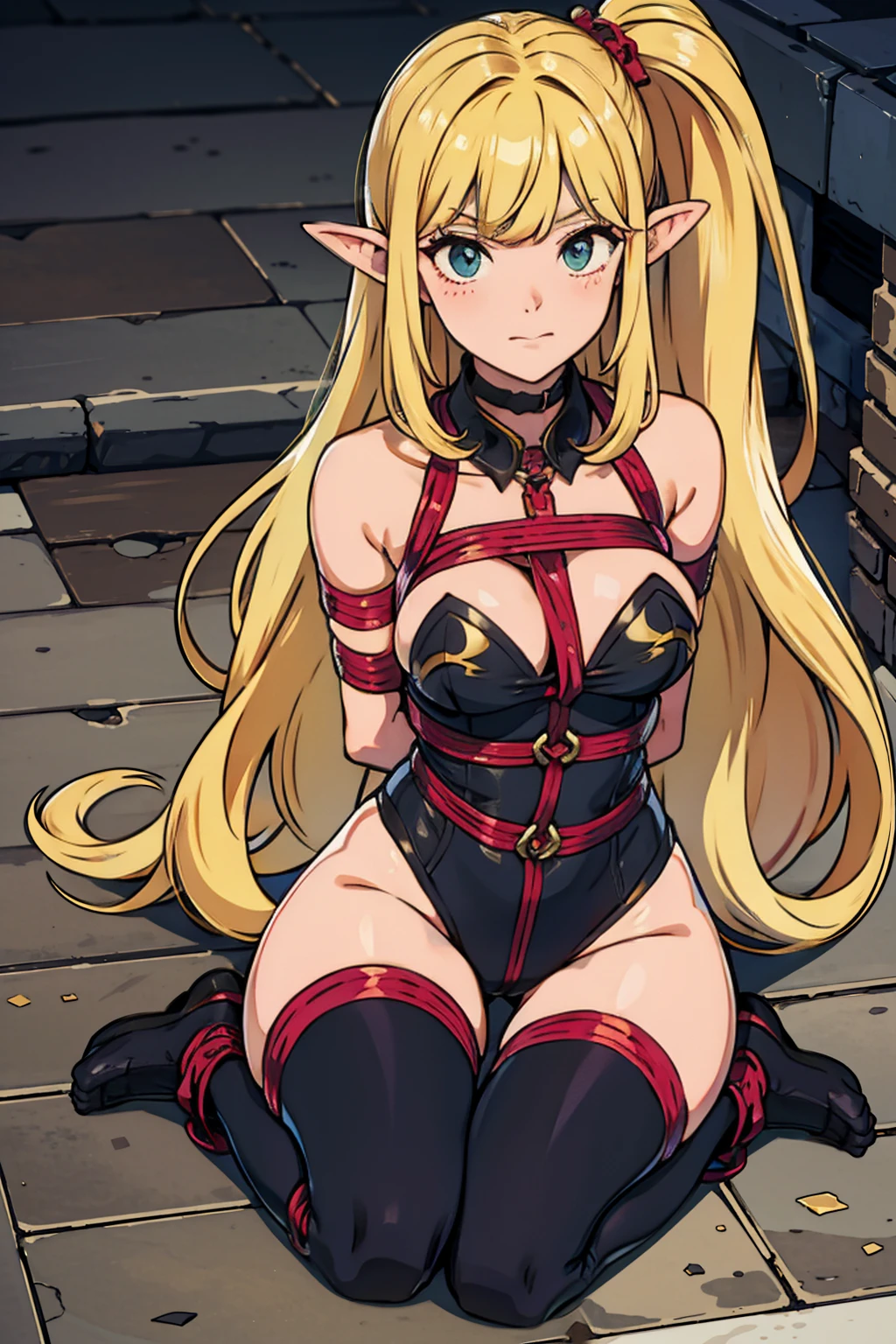 ((Full body photo, standing, on the floor)) 1slave, elf in chains, tied up, elf in handcuffs, crouching, kneeling, knees on the floor, bikini, medium breasts, girl in chains, chains, knees open, shy and embarrassed expression, crowded market, busy market