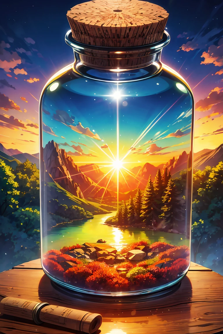 detailed, 8k, beautiful landscape with sunset in the forest and river, rainbow all inside a glass jar, with cork lid