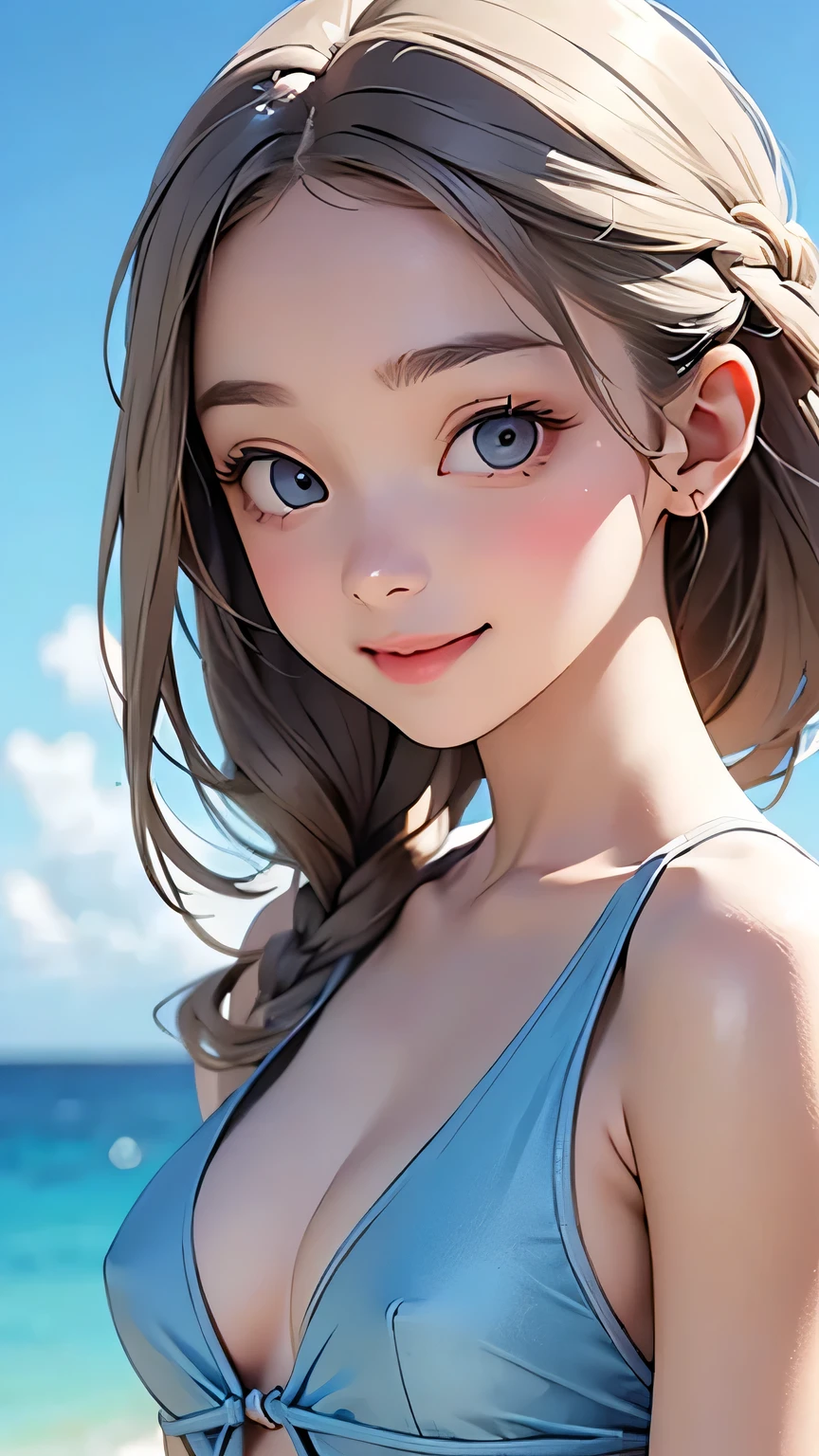 Highest quality、Realistic、girl、zoom、cute、Grey Eyes、Chestnut Hair、Back to all、the forehead is protruding、Light blue swimsuit、Ocean、Looking down、Big smile、Dark Skin、Bust Shot、slender