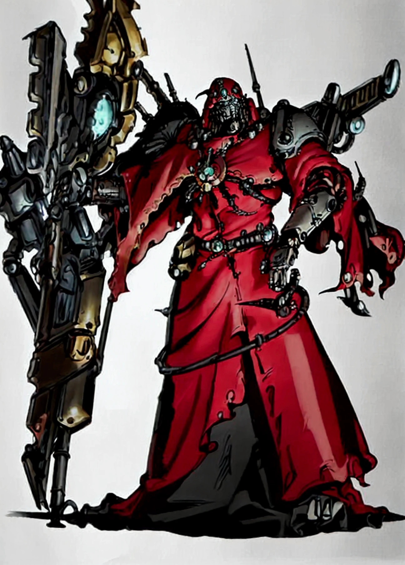 make a warhammer 40k rpg character, naughty man, adeptus mechanicus warhammer 40k, warrior monk, imponent pose, priestly vestment ( detailed outfit), holding a war staff, filled with implant, dark cathedral background (detailed back ground), robotic priest with armor.  