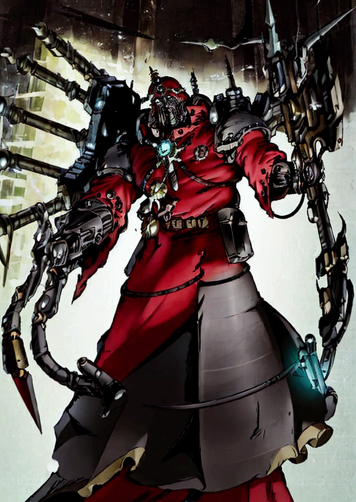 make a warhammer 40k rpg character, naughty man, adeptus mechanicus warhammer 40k, warrior monk, imponent pose, priestly vestment ( detailed outfit), holding a war staff, filled with implant, dark cathedral background (detailed back ground), robotic priest with armor.  