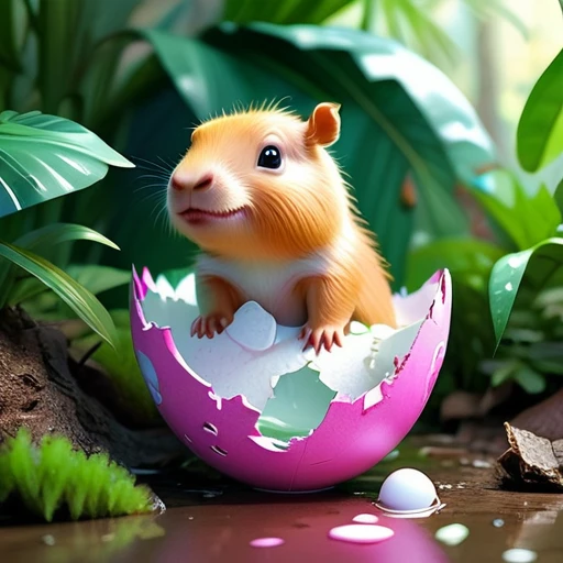 Interesting illustrations:Pink little dinosaur in a broken eggshell,Cute expression,Rainforest,dreamlike,Aesthetic and bic cute cute capybara