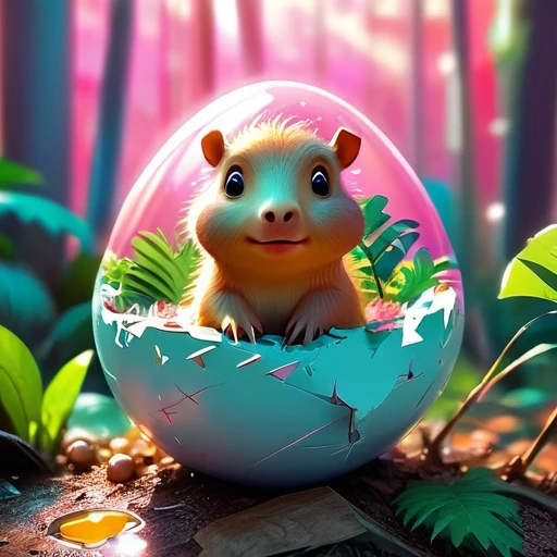 Interesting illustrations:Pink little dinosaur in a broken eggshell,Cute expression,Rainforest,dreamlike,Aesthetic and bic cute cute capybara