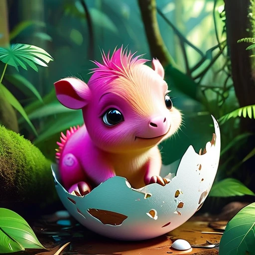 Interesting illustrations：Pink little dinosaur in a broken eggshell，Cute expression，Rainforest，dreamlike，Aesthetic  and bic cute cute capybara