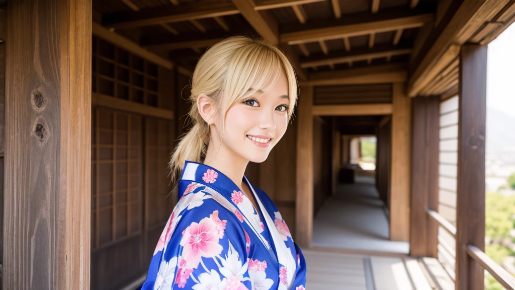 A lone courtesan broadcasts live from Himeji Castle.。Blonde ponytail。Sexy smile、looking at the camera、front、yukata、Light clothing、Single