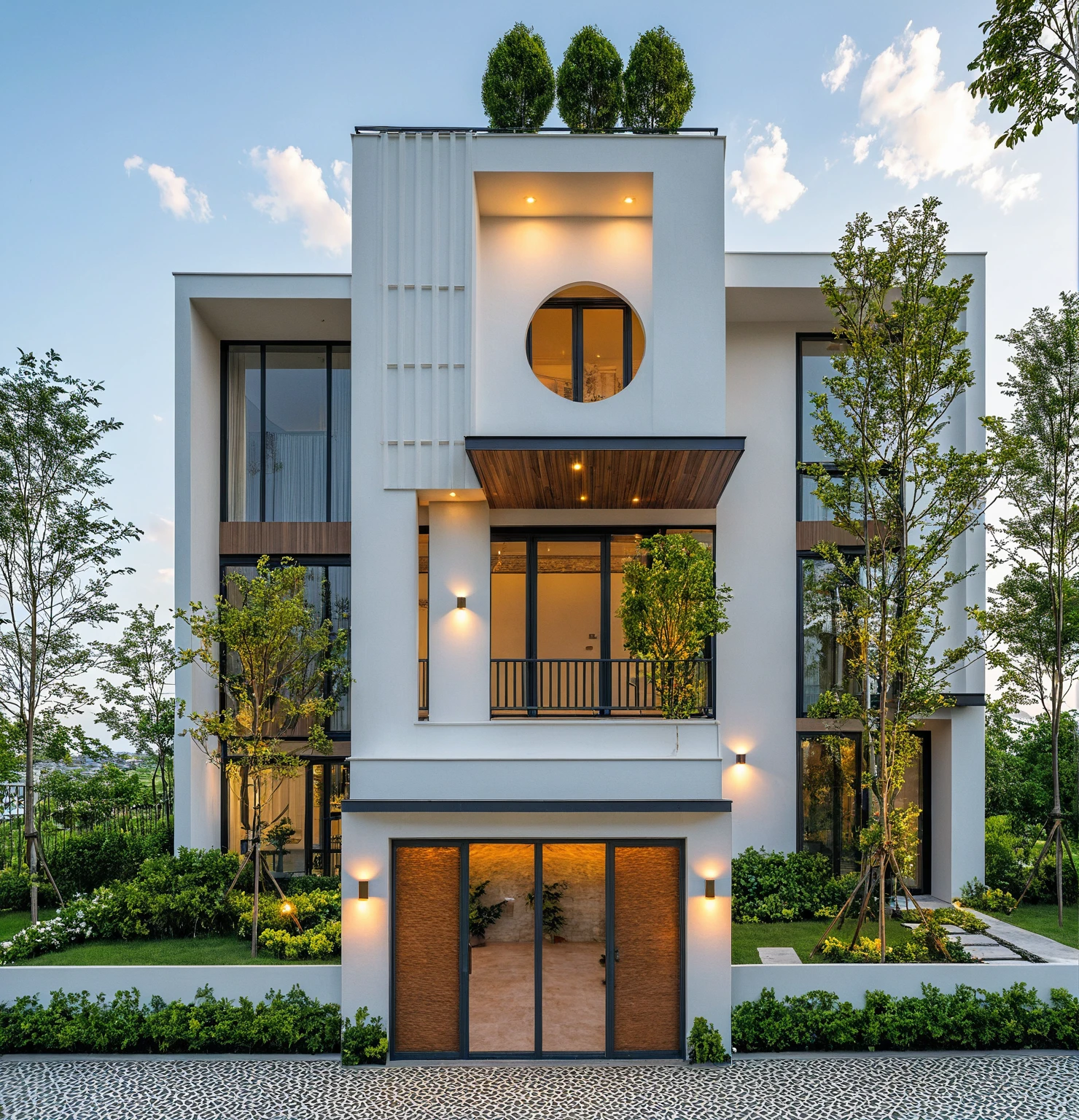 Masterpiece, high quality, best quality, authentic, super detailed, outdoor, aiaigroup, modern townhouse style, stairs, white wall combined with wood, wind encaustic tiles, iron gate, conwood ceiling, flowers, path, summer evening, grass, trees, sky, clouds, (daylight: 1.1)