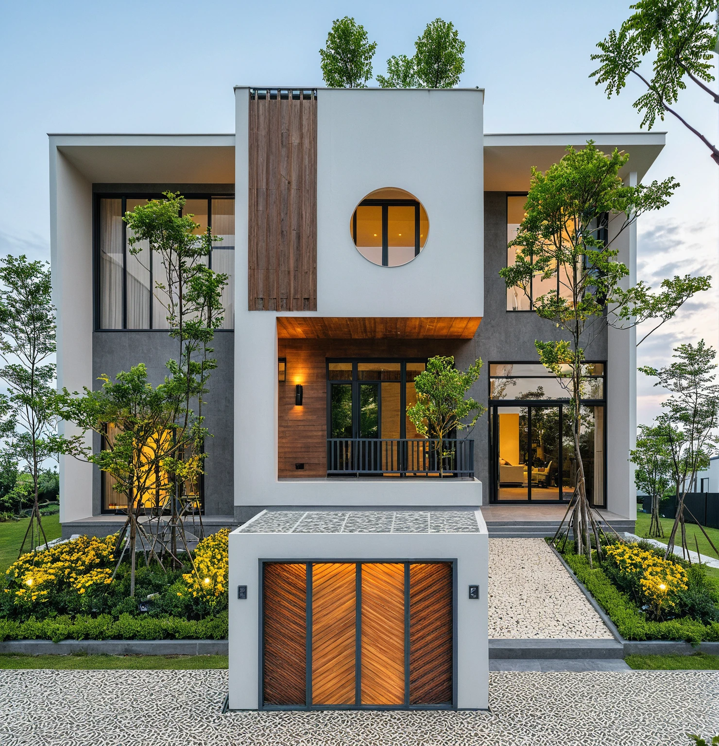 Masterpiece, high quality, best quality, authentic, super detailed, outdoor, aiaigroup, modern townhouse style, stairs, white wall combined with wood, wind encaustic tiles, iron gate, conwood ceiling, flowers, path, summer evening, grass, trees, sky, clouds, (daylight: 1.1)
