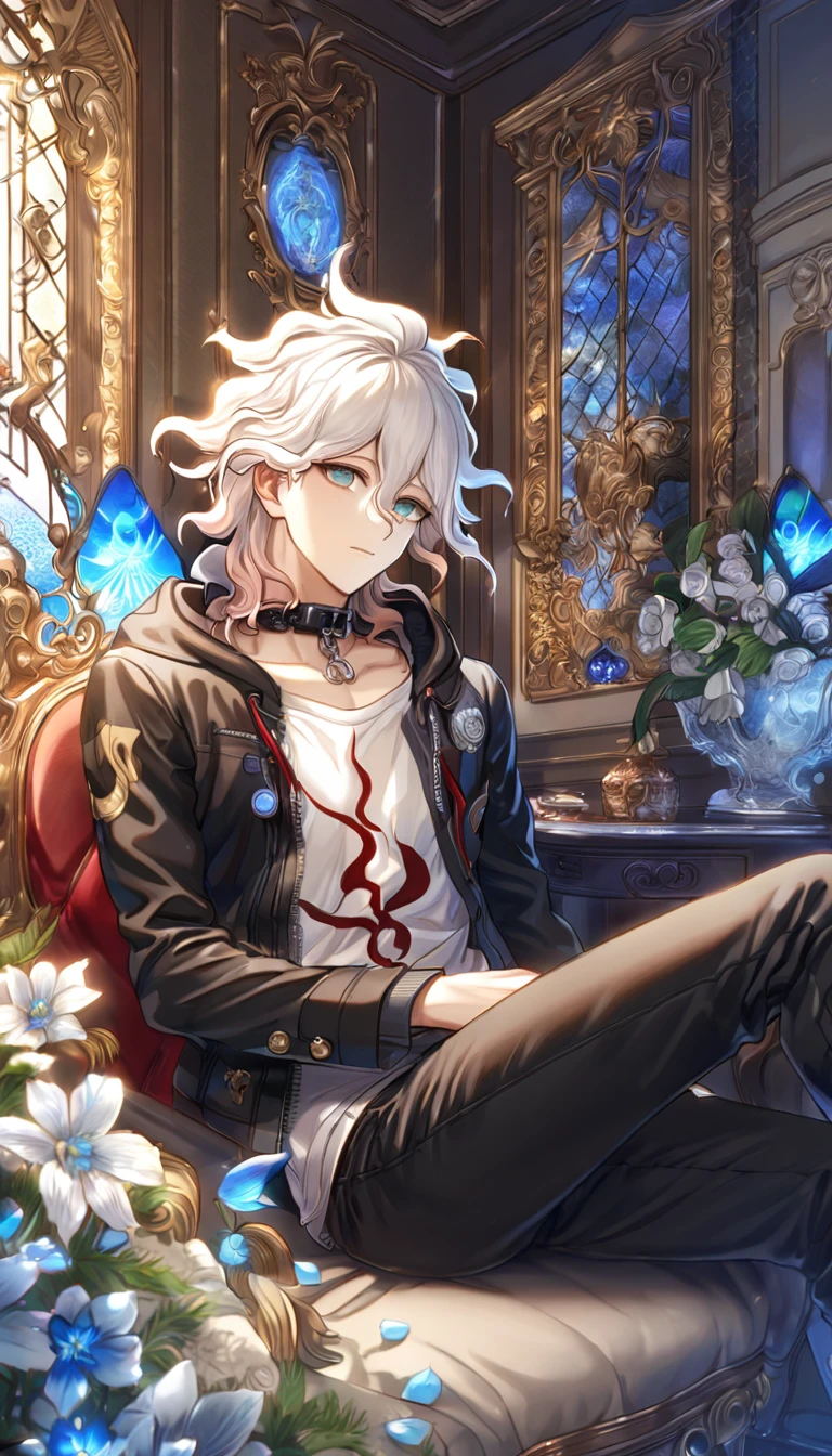 absurdres, highres, ultra detailed, HDR, master piece, Komaeda Nagito, white hair, expressive gray-green eyes, cropped black jacket, dark-red scoop-neck shirt, long beige undershirt, Danganronpa, sexy man sitting, room, handsome, best quality, flowers, fantasy, magical, solo, blue shining fireflies, blue petals, sensual, black collar, black pants